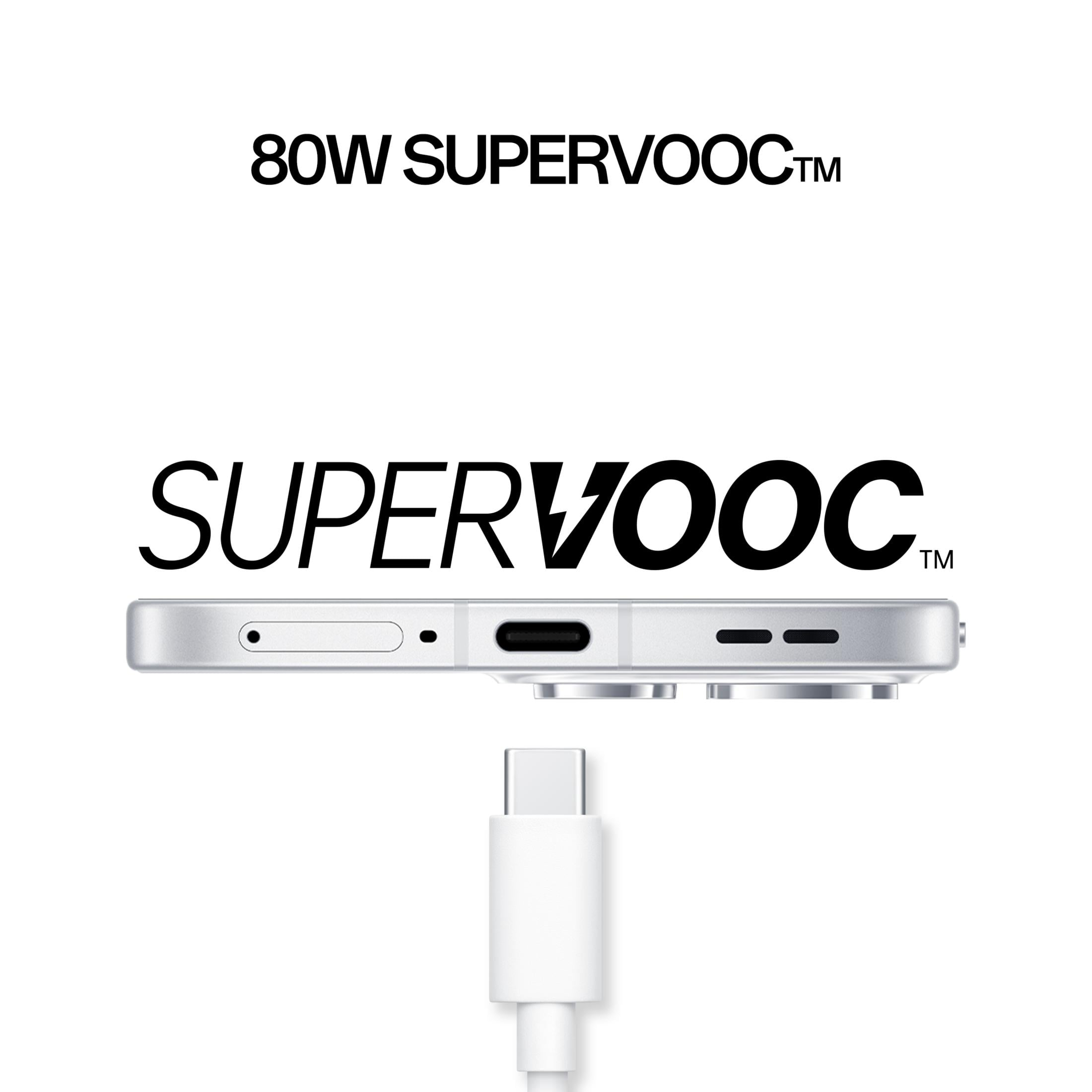 Uno smartphone con porta USB-C e cavo di ricarica. Testo: 80W SUPERVOOC.