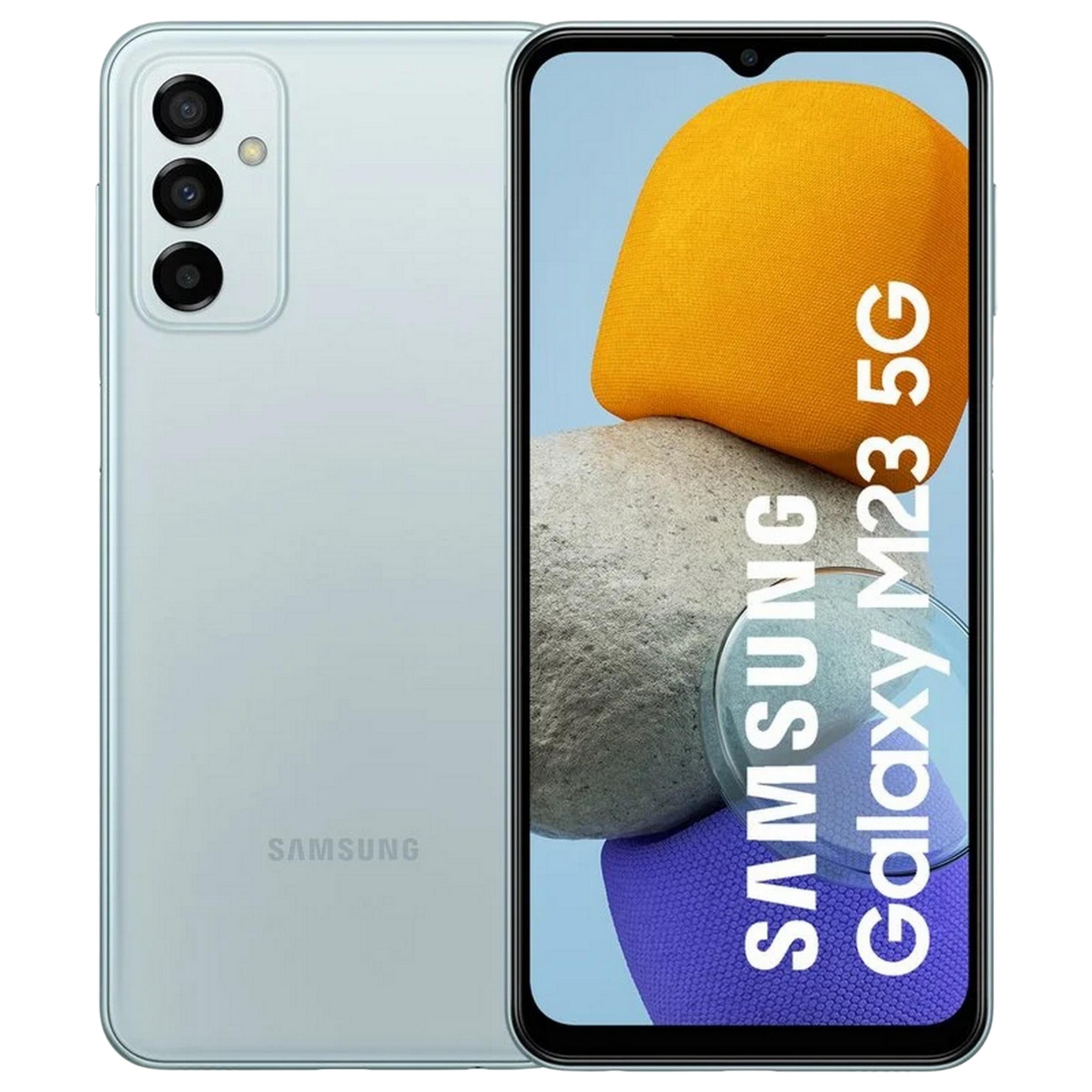Uno smartphone Samsung Galaxy M23 5G verde chiaro, mostrato fronte e retro.