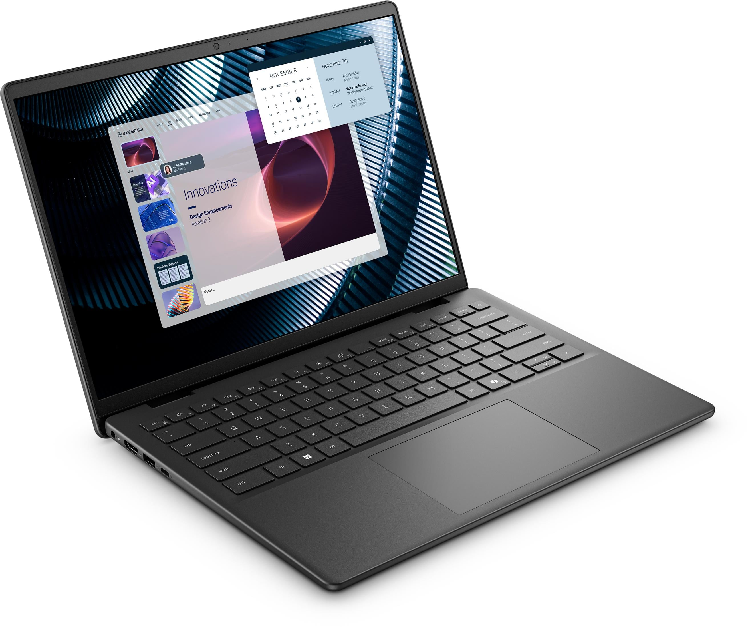 Ein schwarzer Laptop mit einer Benutzeroberfläche, die Präsentationen und einen Kalender zeigt.