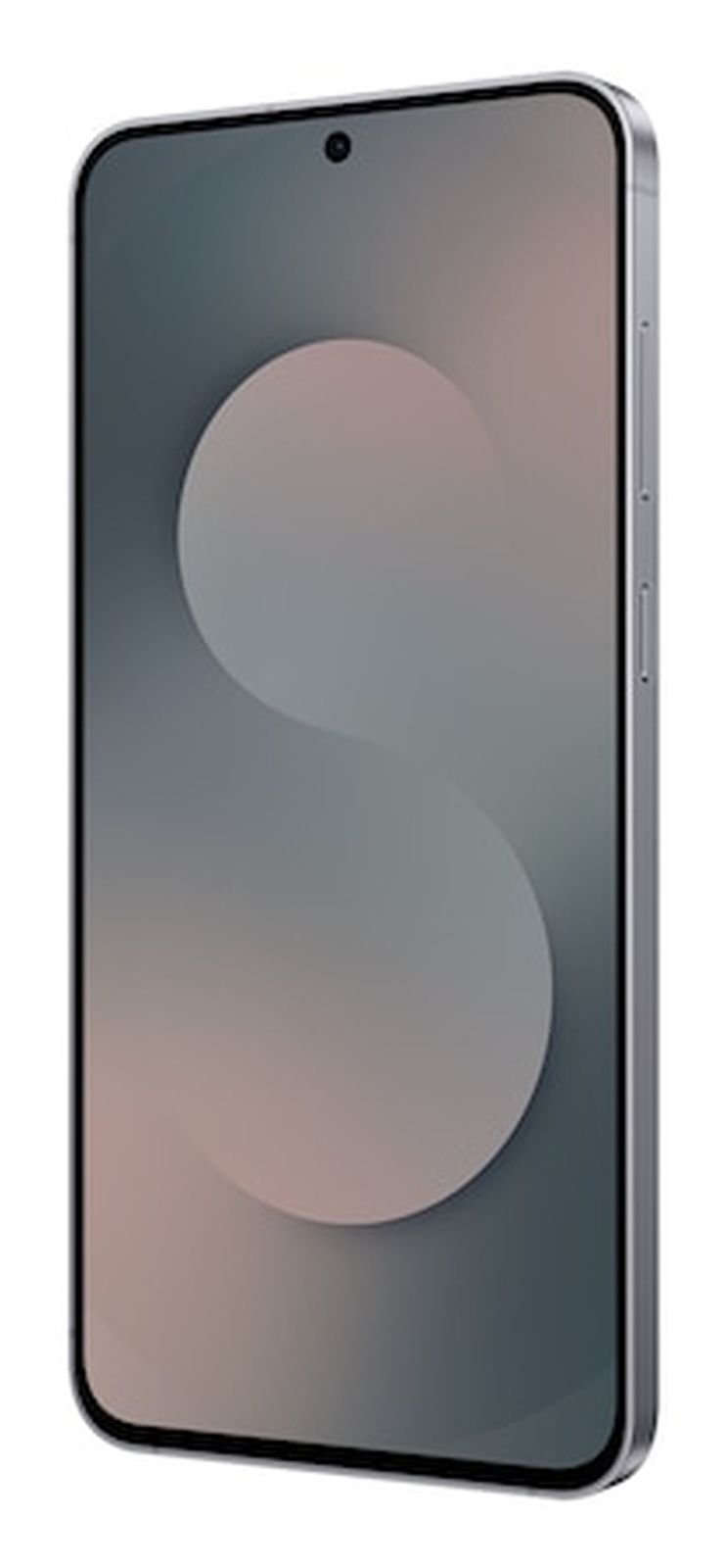 Uno smartphone argentato con un motivo grigio a forma di S sullo schermo.