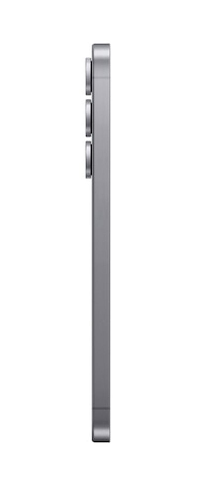 Smartphone grigio di profilo con tre obiettivi.
