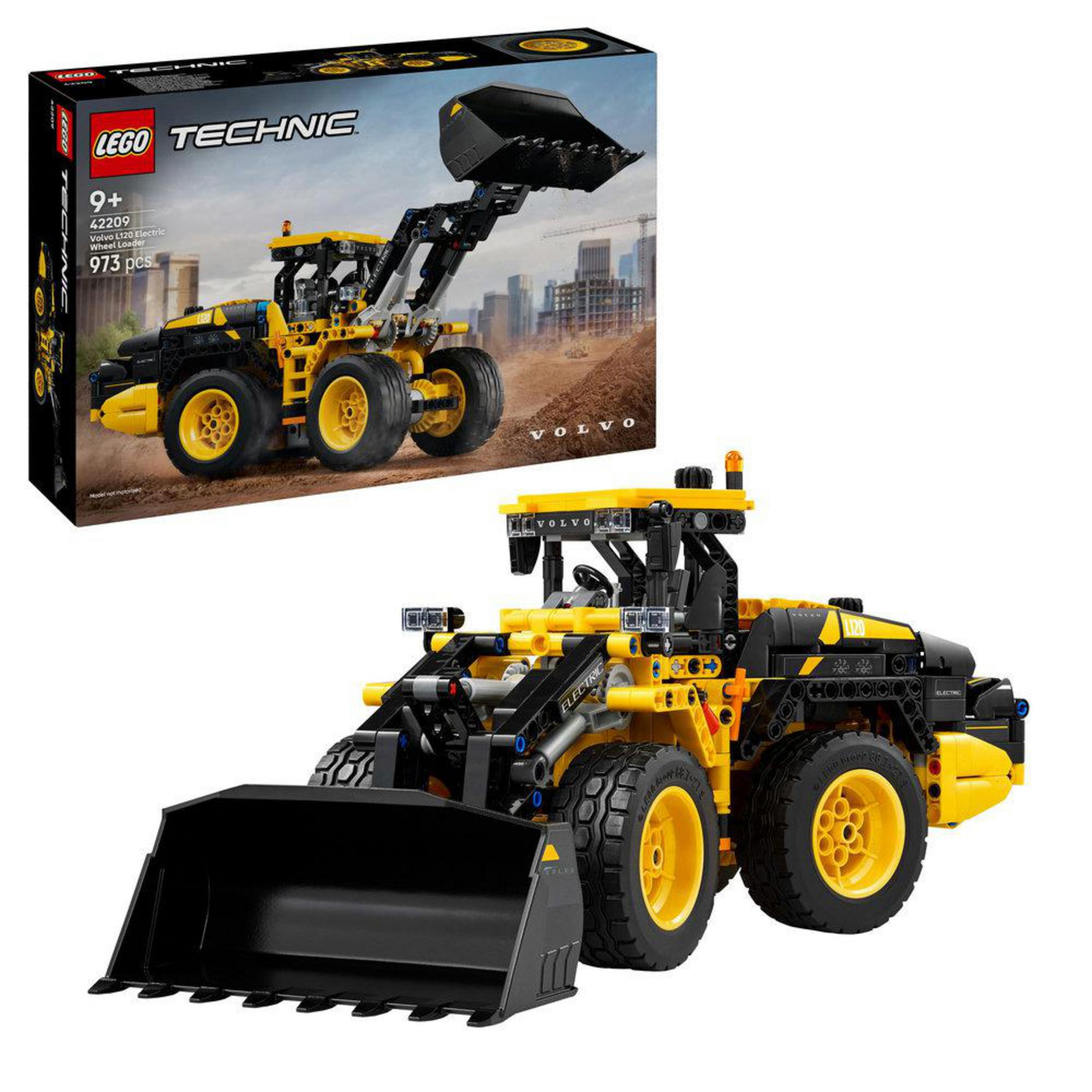 Zestaw ładowarki kołowej LEGO Technic Volvo L120 z żółto-czarną ładowarką i pudełkiem.