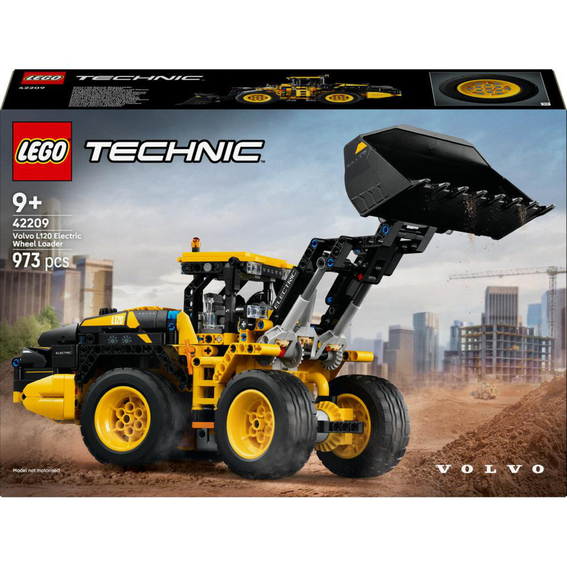 Ładowarka kołowa elektryczna Volvo L120 LEGO Technic z dużym łyżką, na budowie.