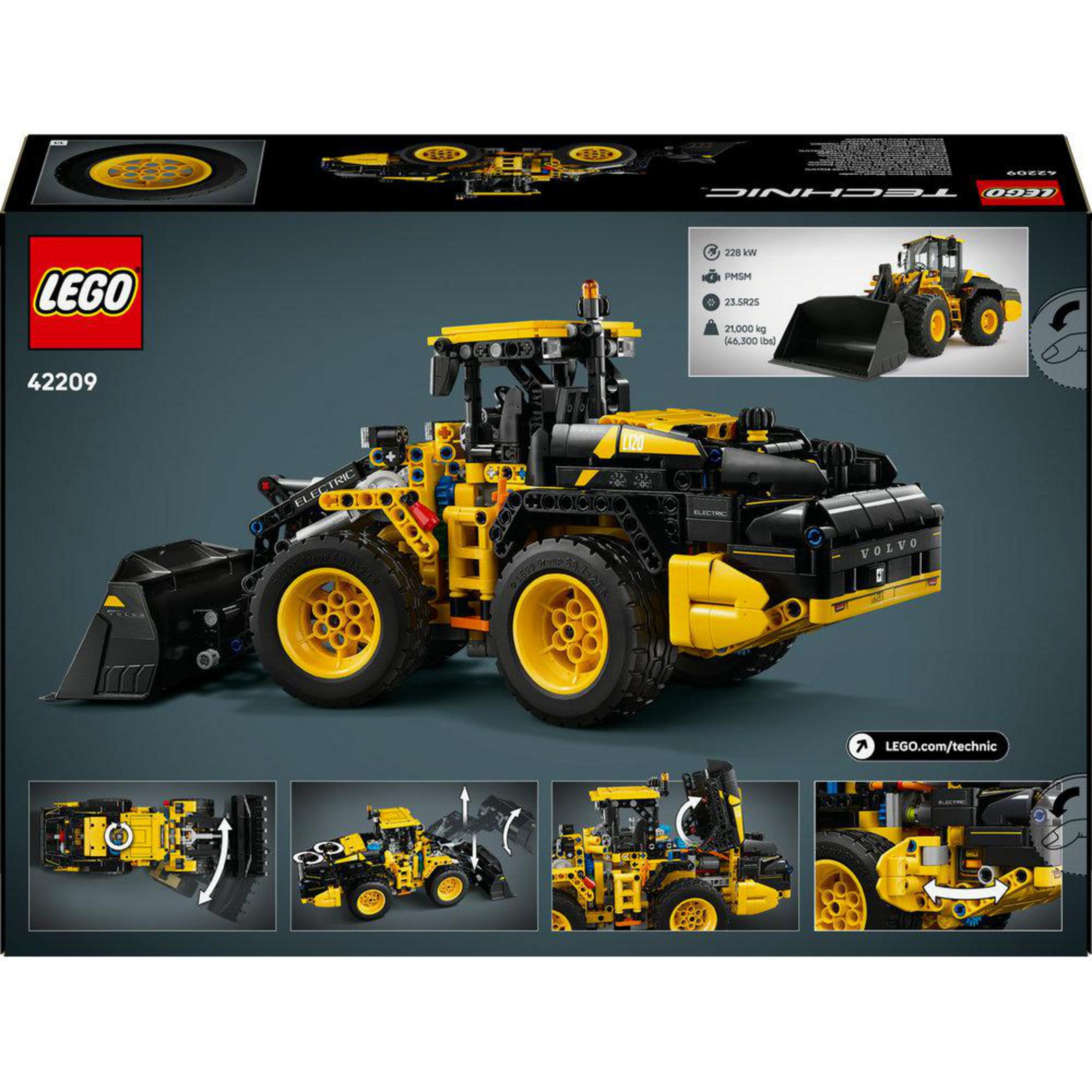 Żółto-czarna ładowarka kołowa Lego Technic z detalami i naklejkami.