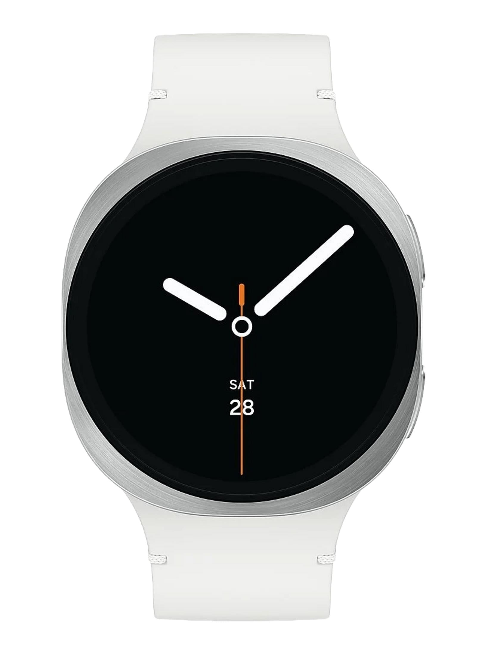 Eine weiße Smartwatch mit silbernem Gehäuse und schwarzem Display.