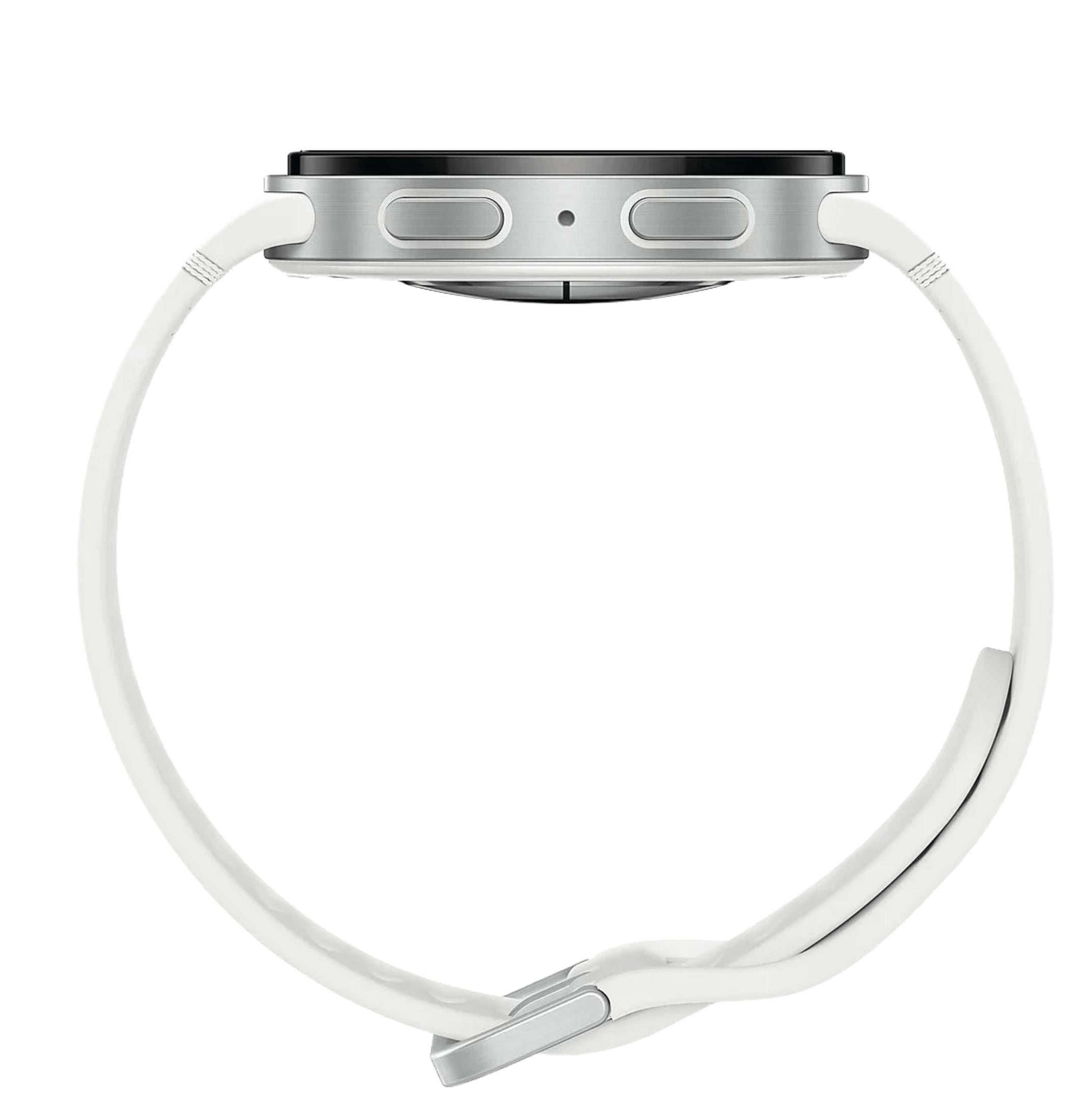 Ein silbernes Smartwatch-Gehäuse mit einem weißen Armband und silberner Schließe.