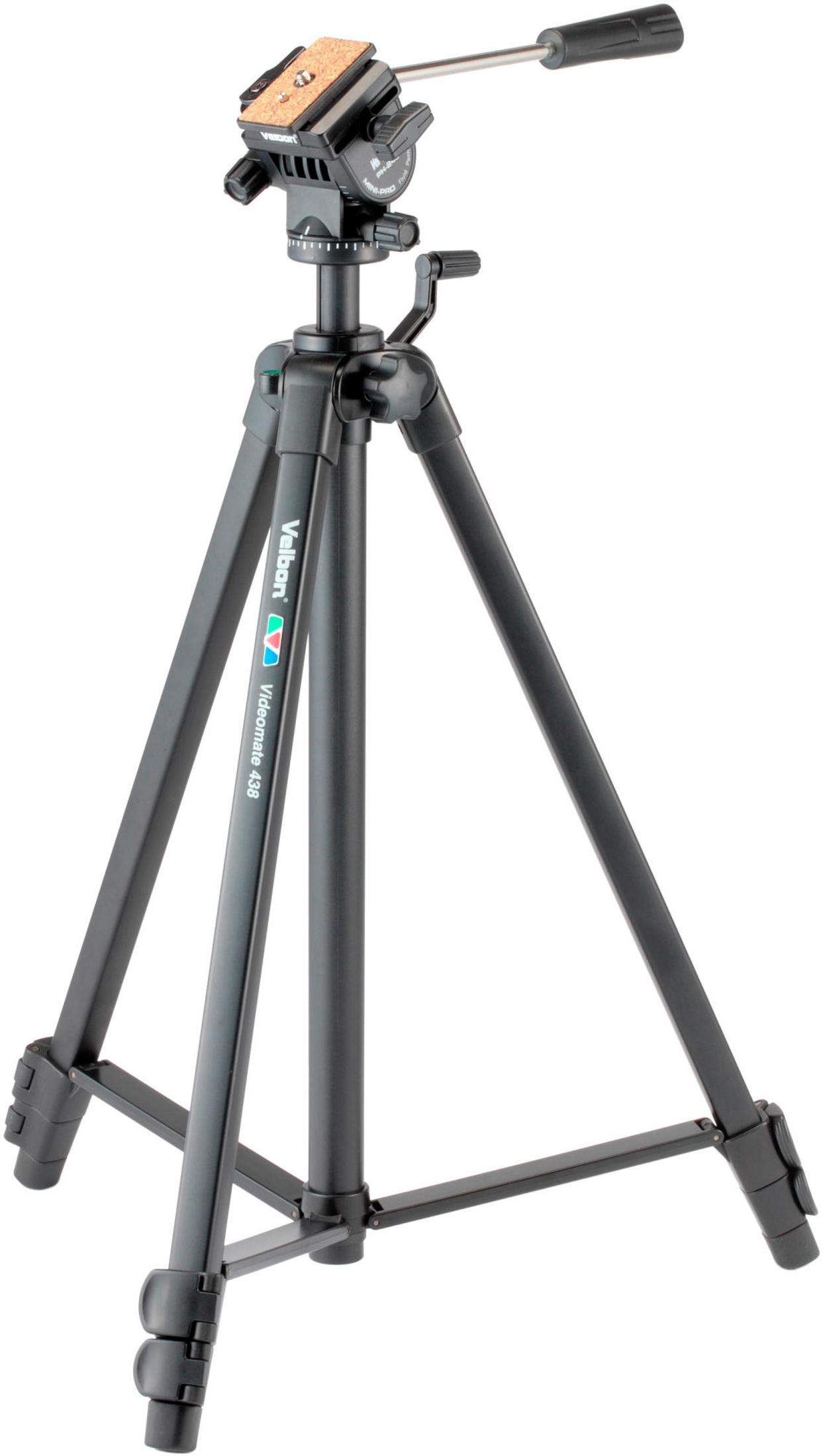 Un trípode negro Velbon Videomate 438 con cabezal y mango.