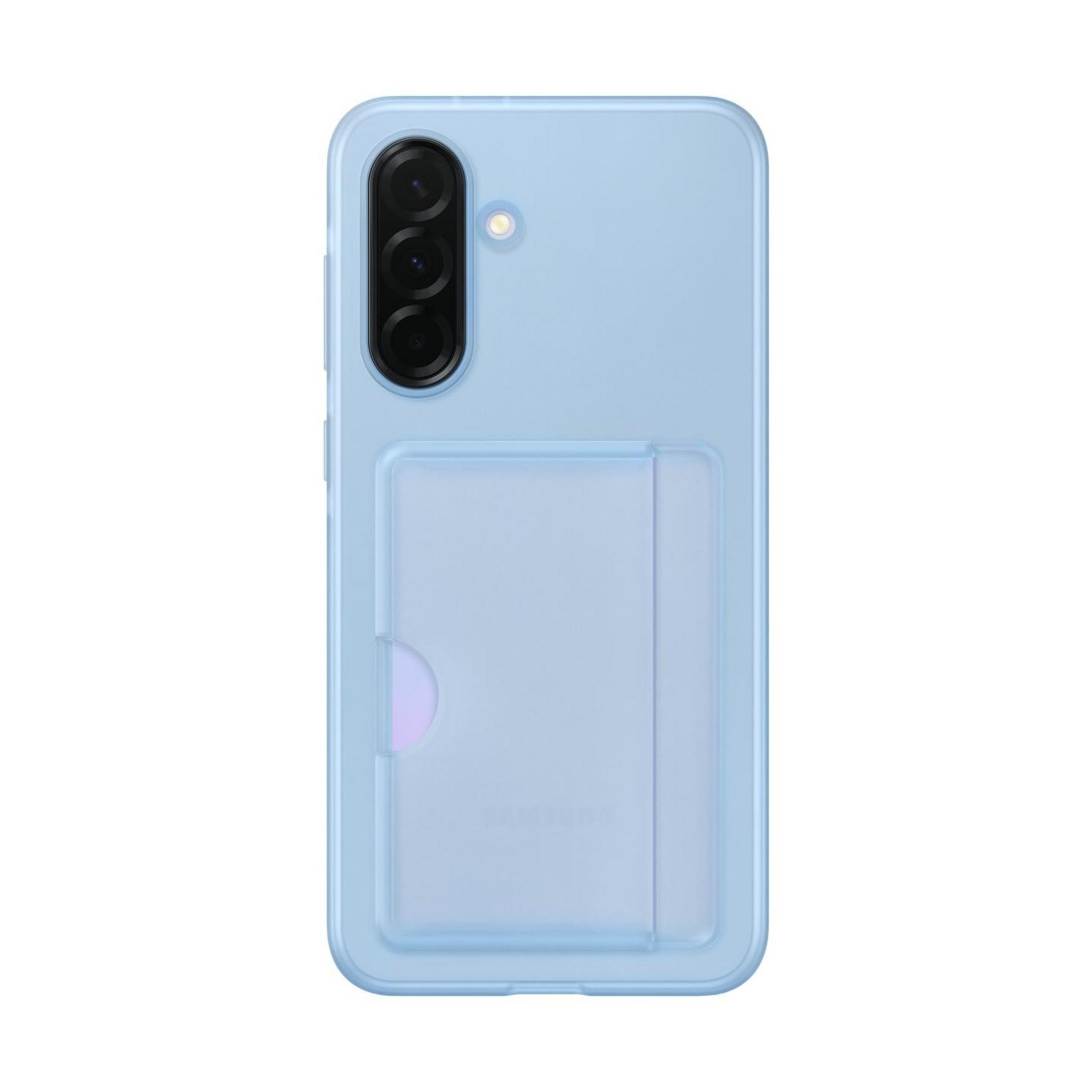 Coque de téléphone bleu clair avec trois objectifs et un porte-carte.