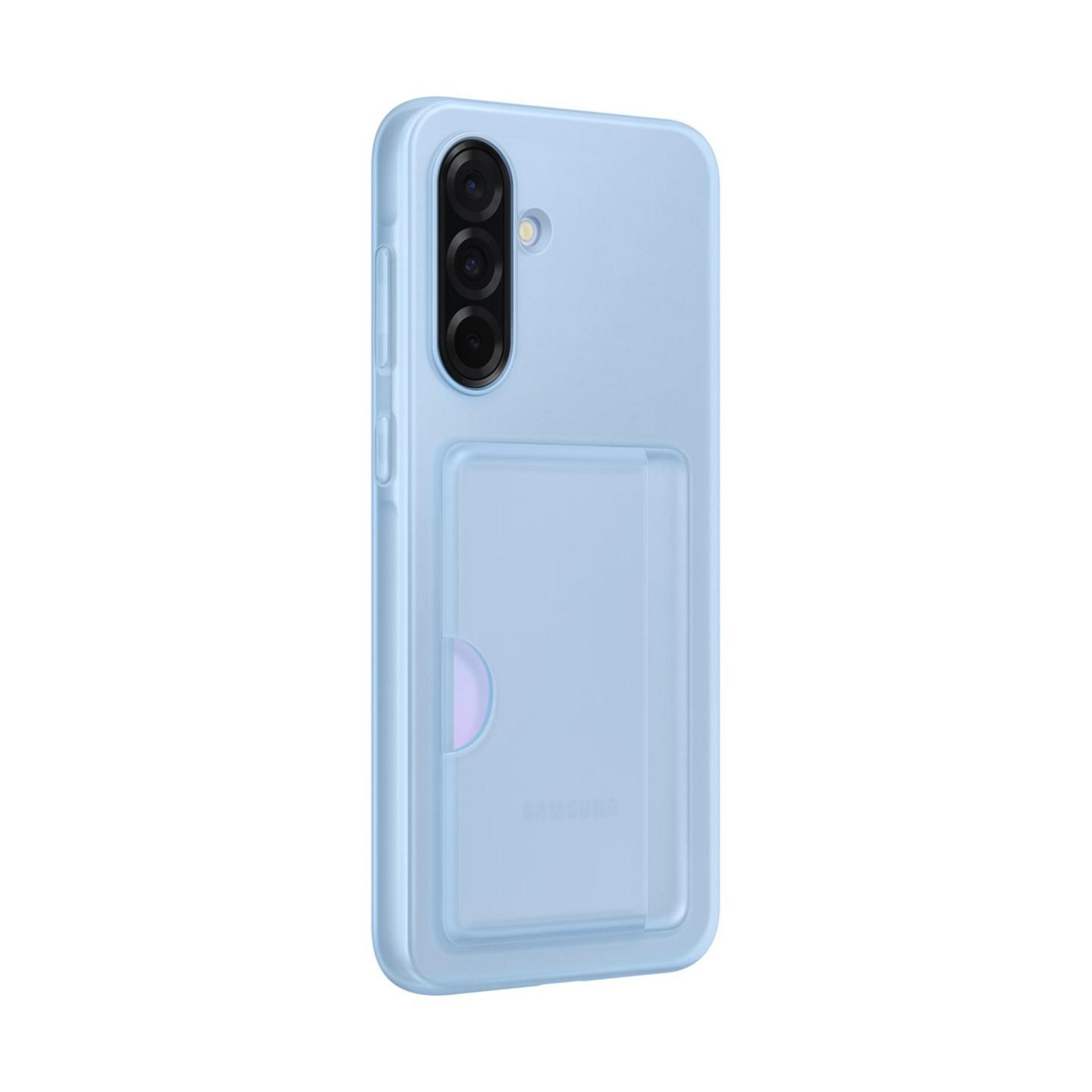 Coque de téléphone bleu clair avec triple appareil photo et porte-cartes.
