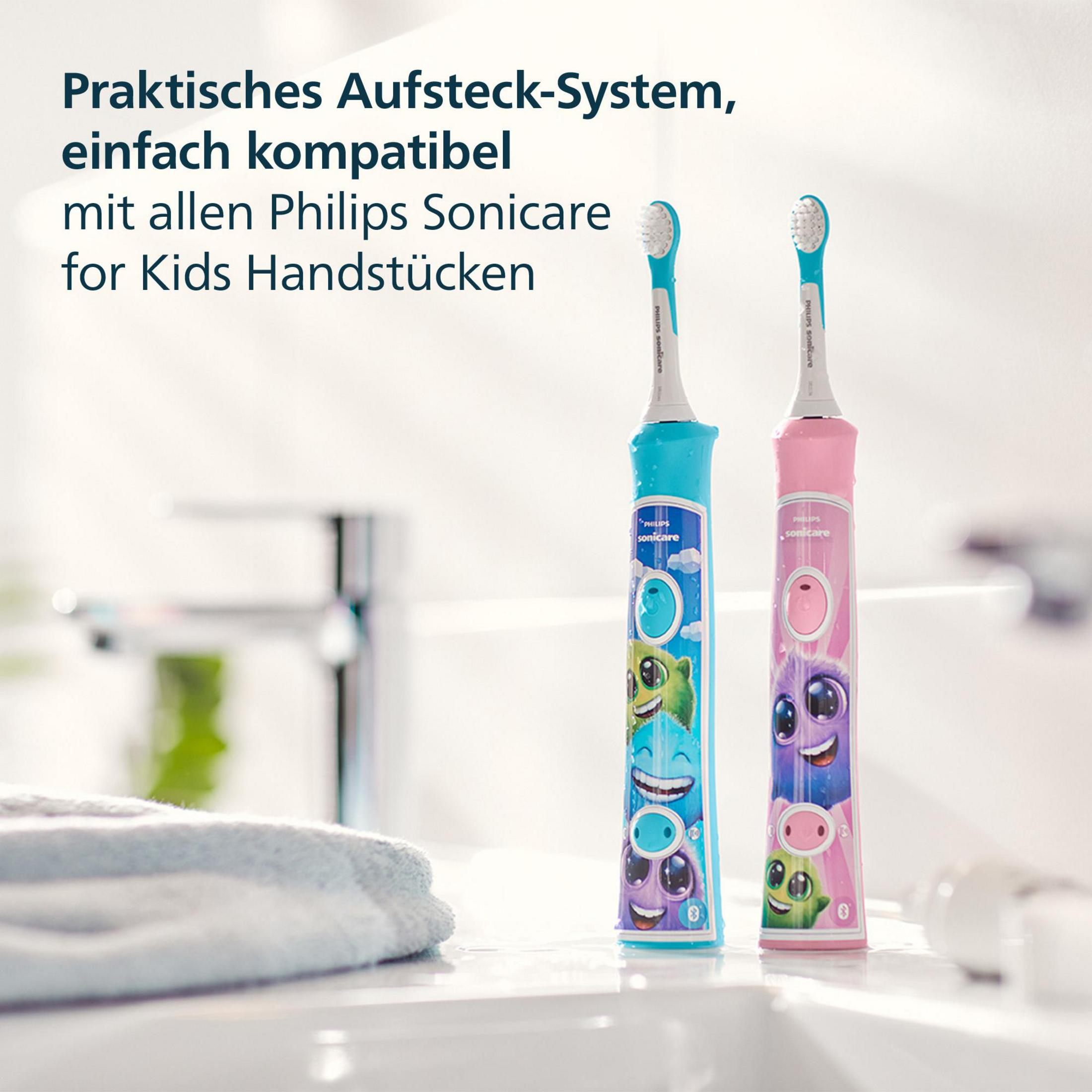 Two Philips Sonicare kids toothbrushes, one blue and one pink, with fun character designs.