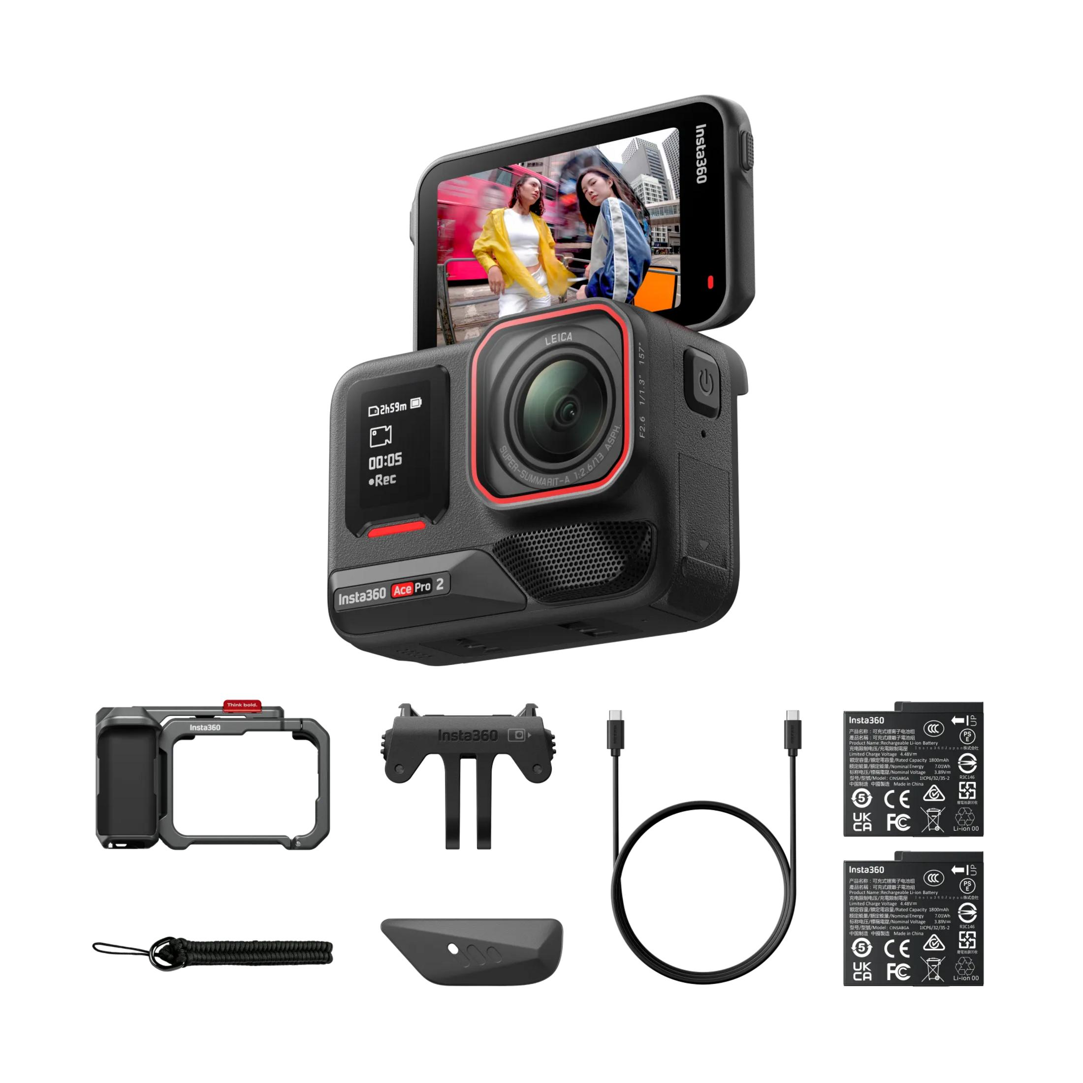 Insta360 Ace Pro 2 Kamera mit Zubehör: Schutzrahmen, Griff, Kabel, 2 Akkus.