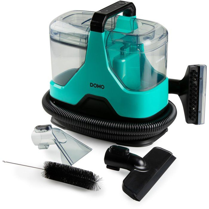 Un aspirapolvere bagnato/asciutto turchese con tubo nero e accessori.