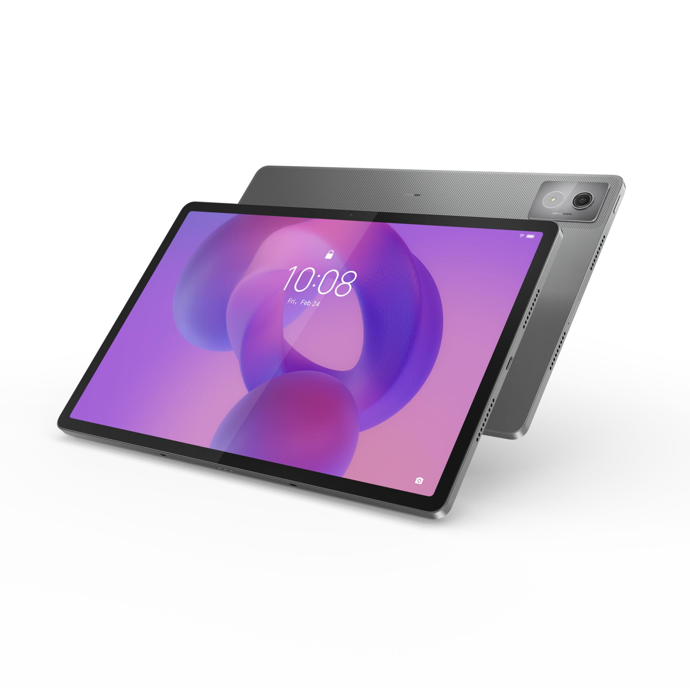Un tablet grigio con sfondo viola e rosa. L'ora mostra le 10:08.