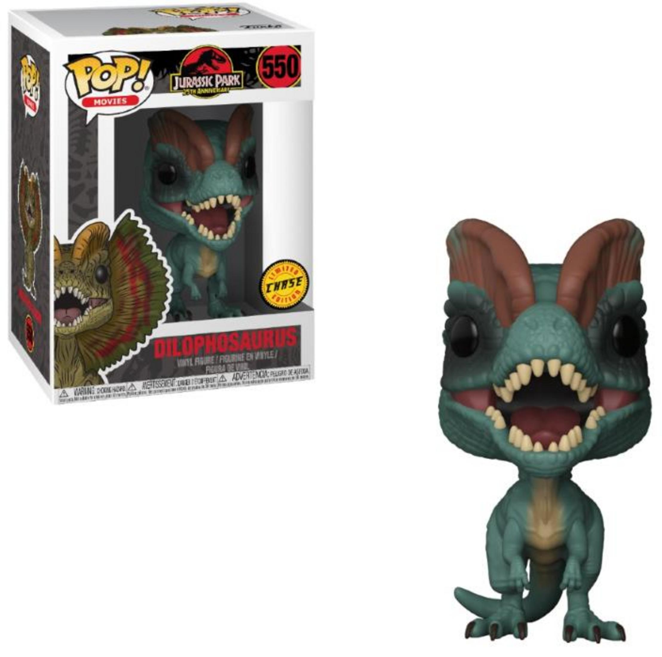 Ein blauer Dilophosaurus Funko Pop mit einem Kragen und braunen Hörnern.