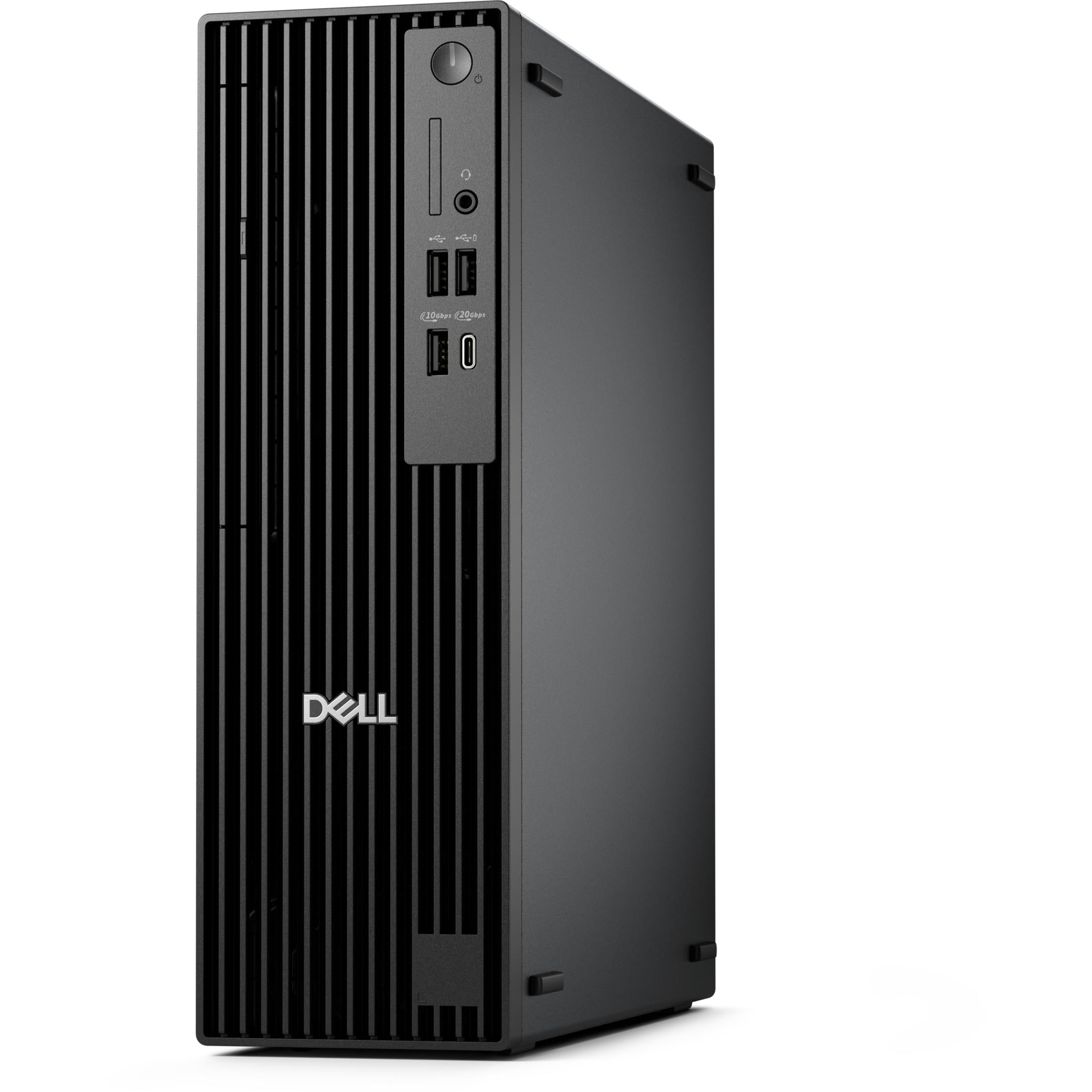 Ordinateur de bureau Dell noir avec aérations verticales et ports à l'avant.