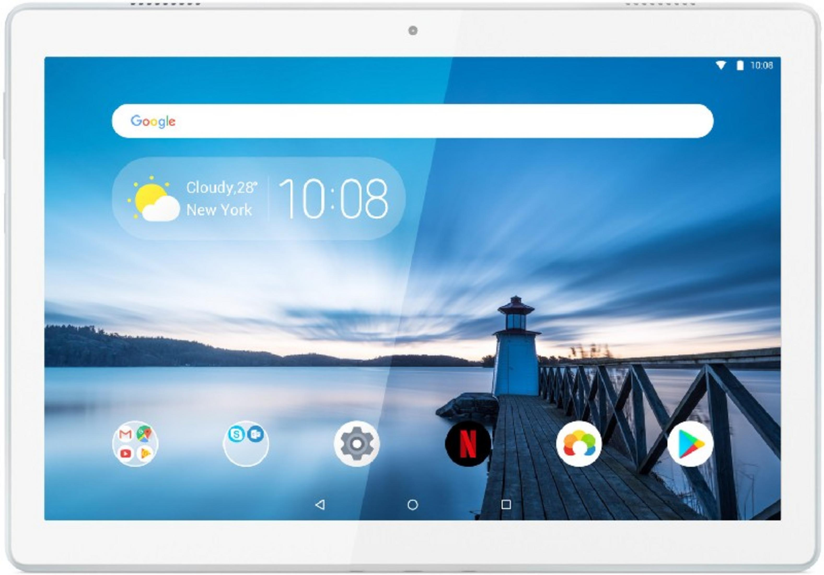 Tablet con sfondo faro, barra di ricerca Google, widget meteo e icone app.