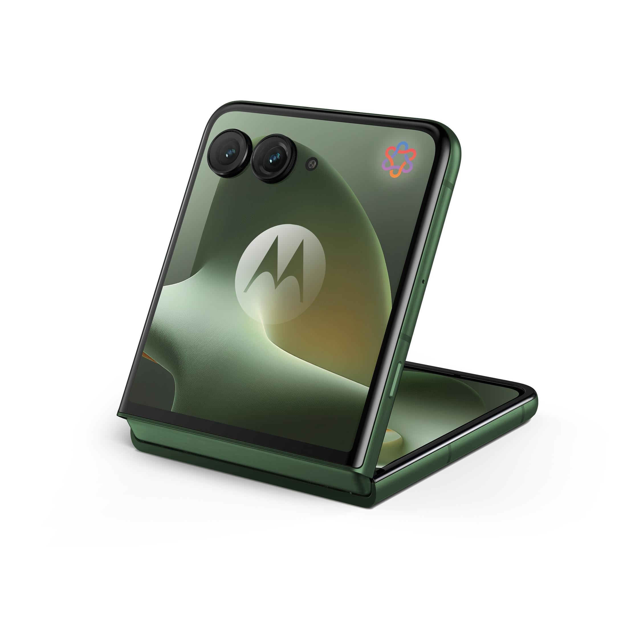 Ein offenes, dunkelgrünes Klapphandy mit zwei Kameras und dem Motorola-Logo.