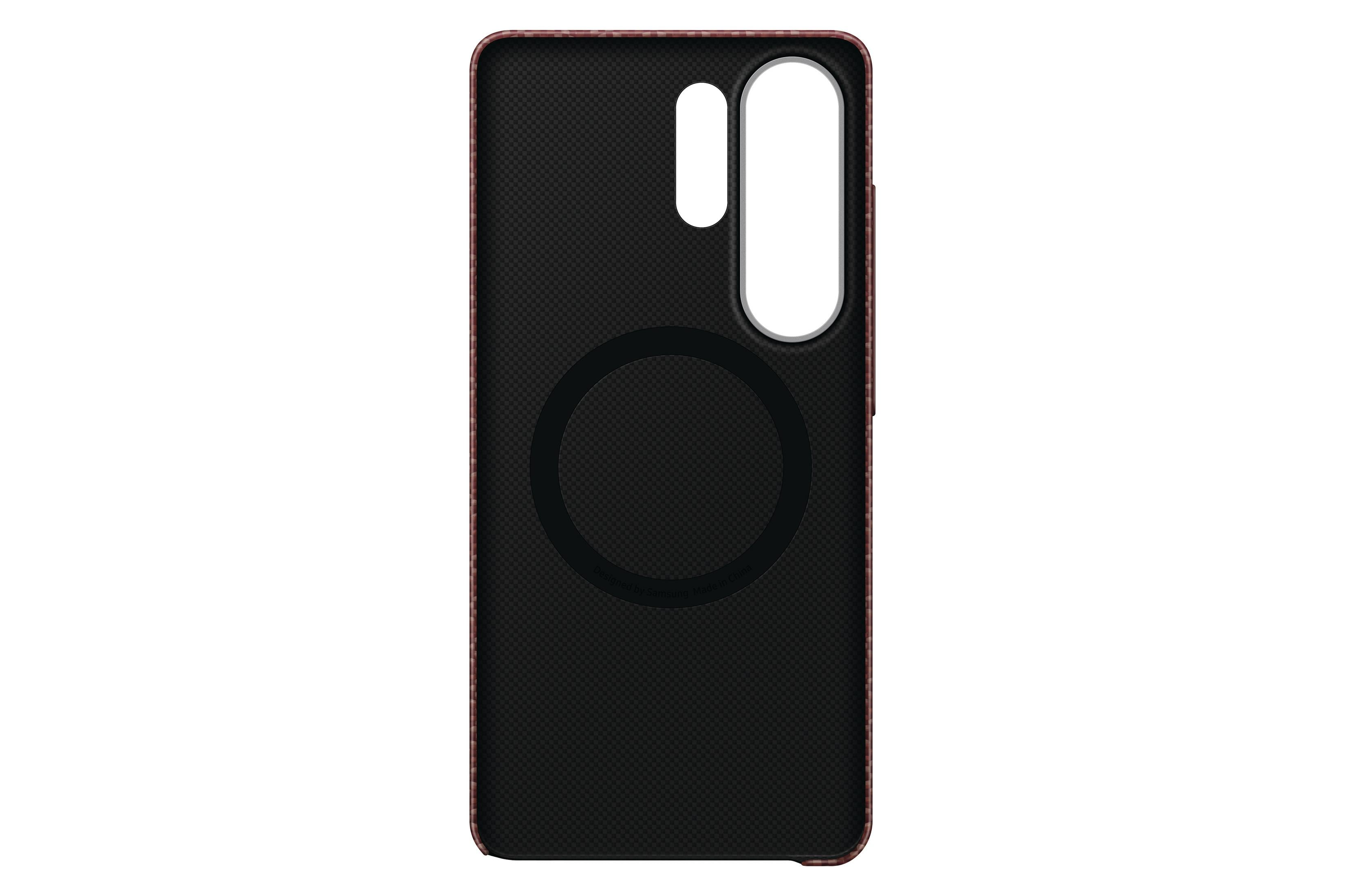 Zwarte telefoonhoes met rode rand, camera-uitsparing en magneetring.