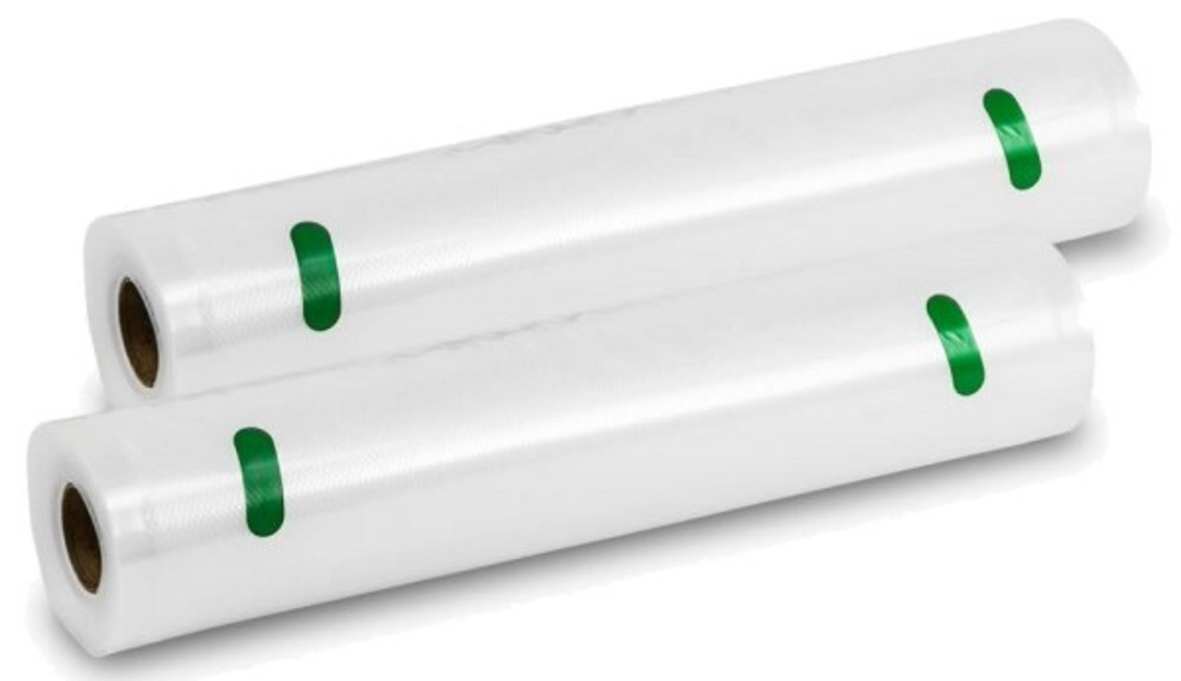 Dos rollos de bolsas de vacío transparentes con marcas verdes.