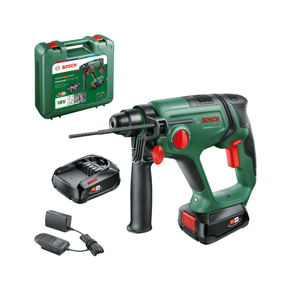 Martello perforatore Bosch verde con accessori: valigetta, batteria, caricabatterie.
