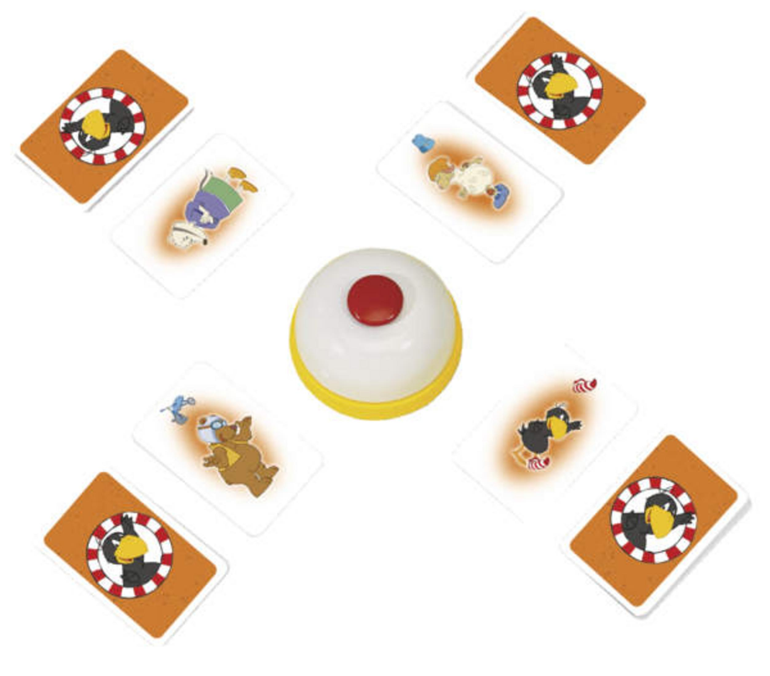 Ein weißer Buzzer mit rotem Knopf, umgeben von Spielkarten mit Cartoon-Tieren.