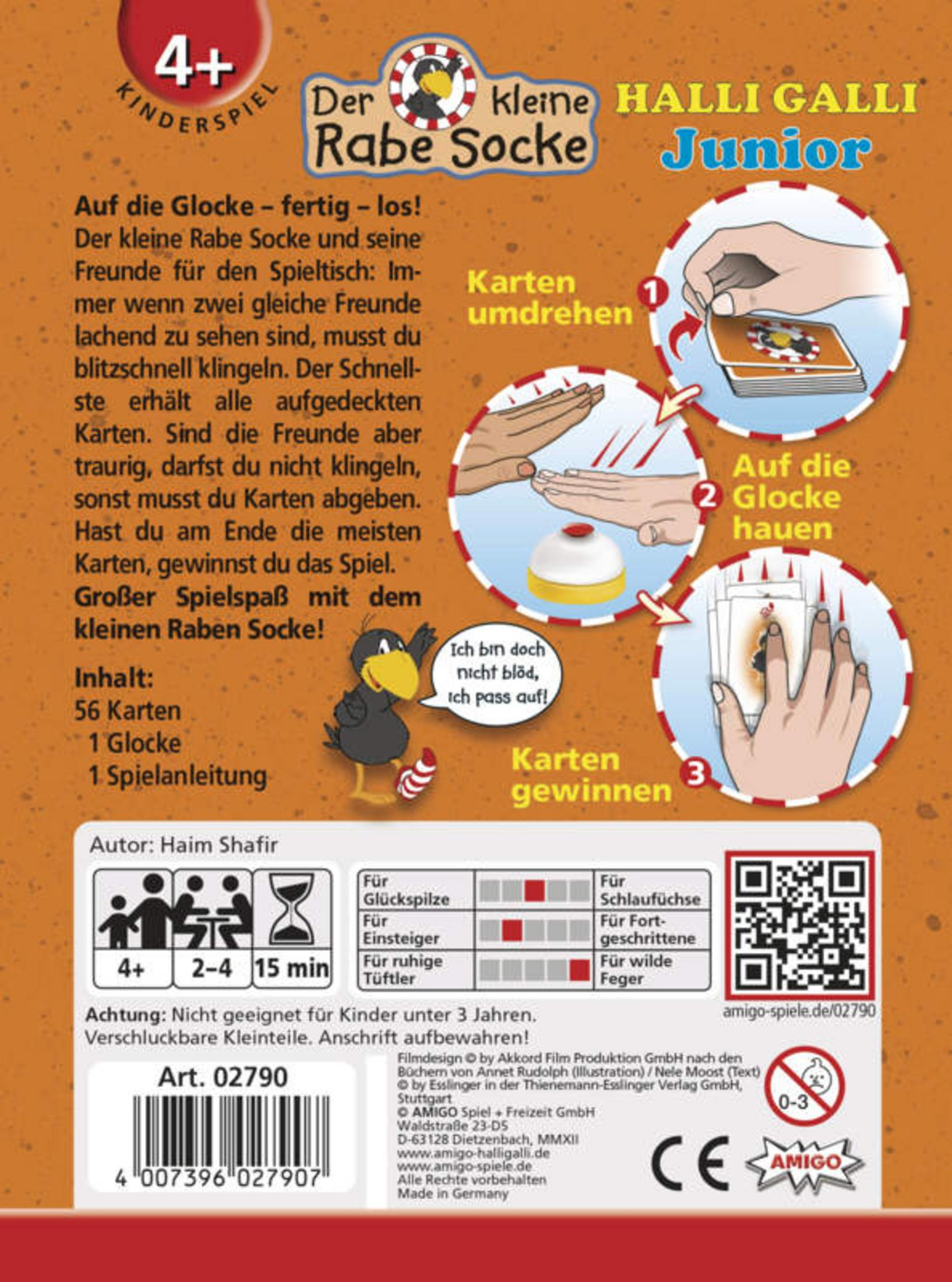 Spielverpackung mit Rabe Socke, Spielanleitung und Altersangabe 4+
