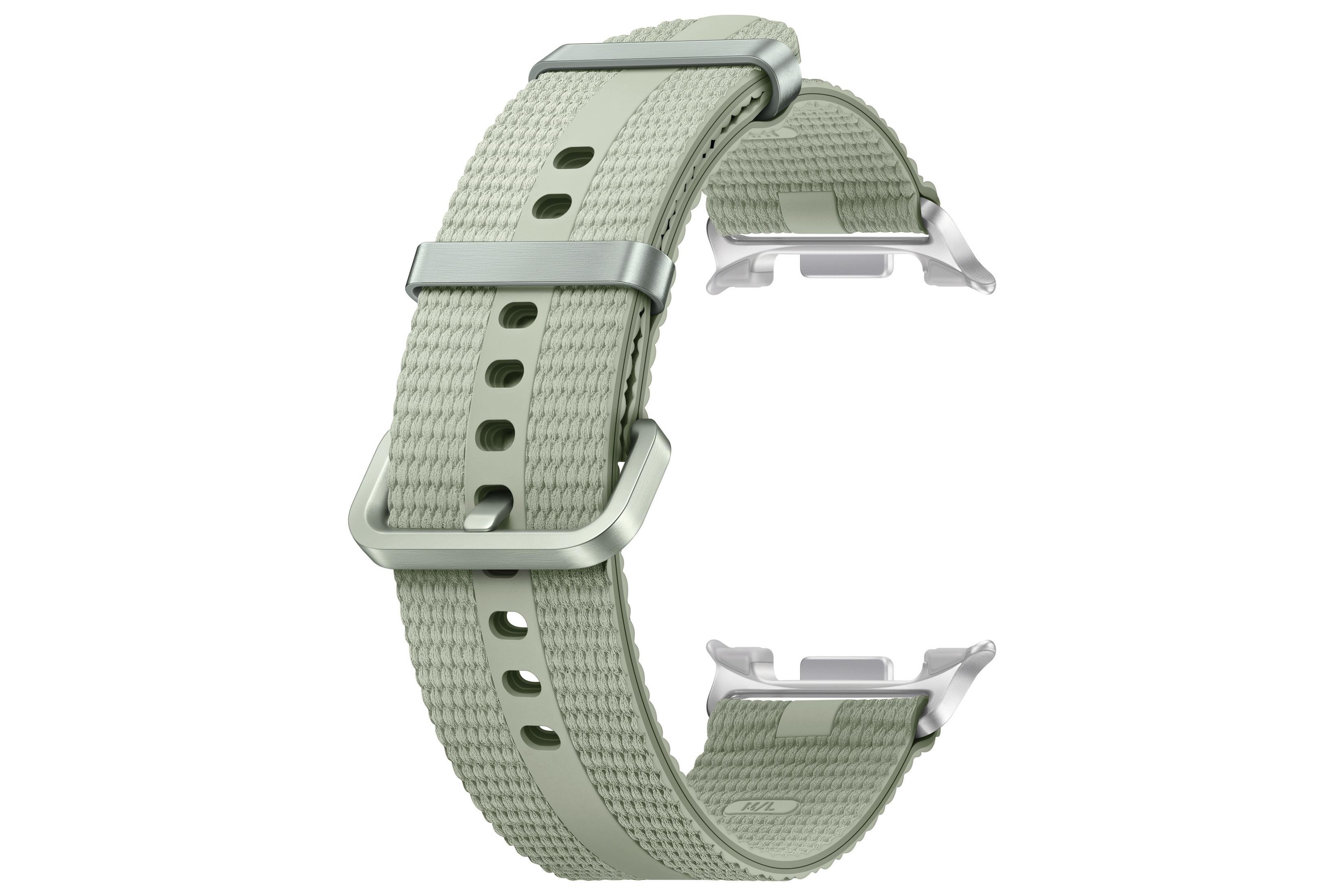 A light green woven watch band with a silver buckle and connectors.