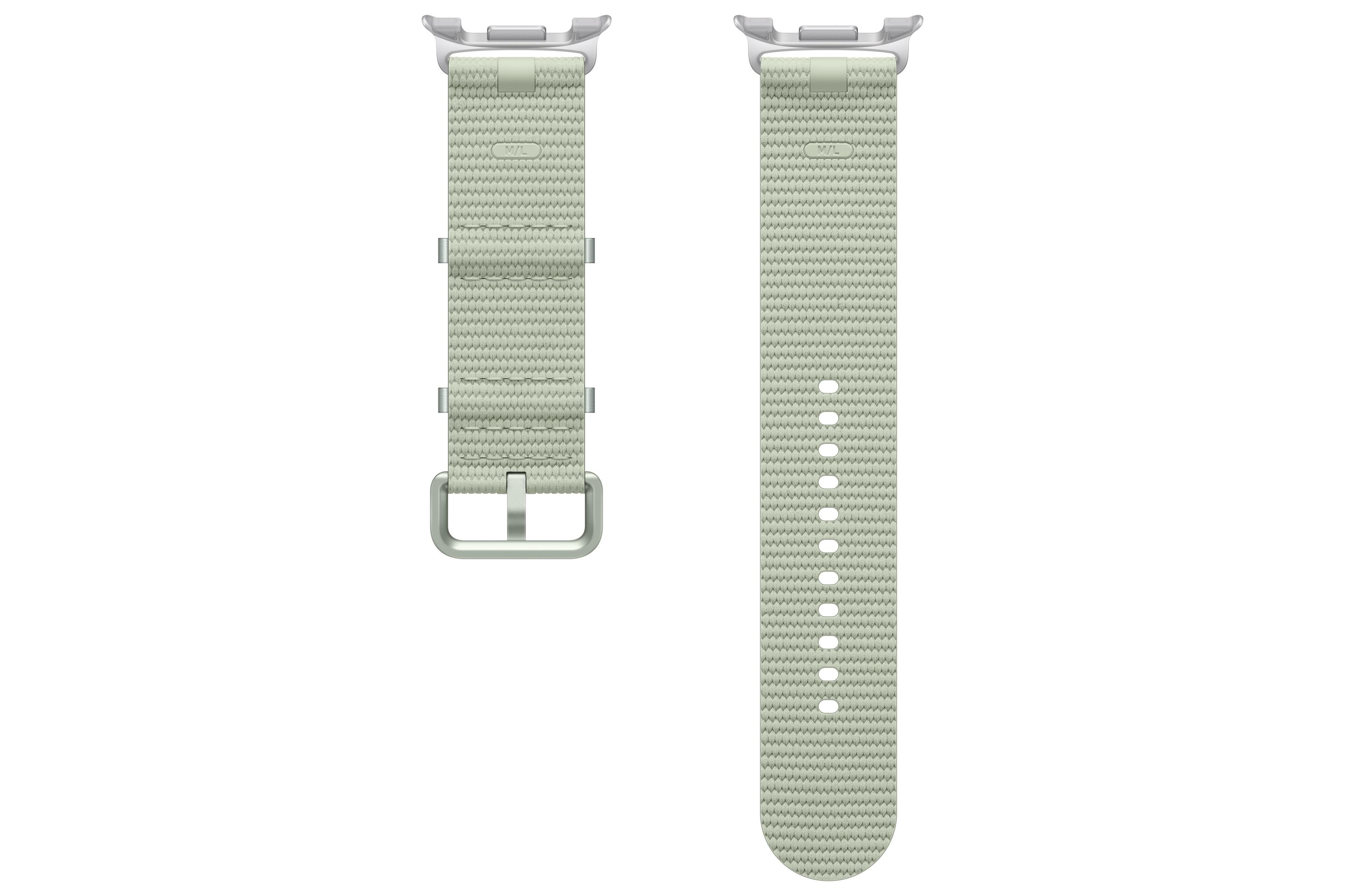 A light green fabric watch band with a silver buckle.