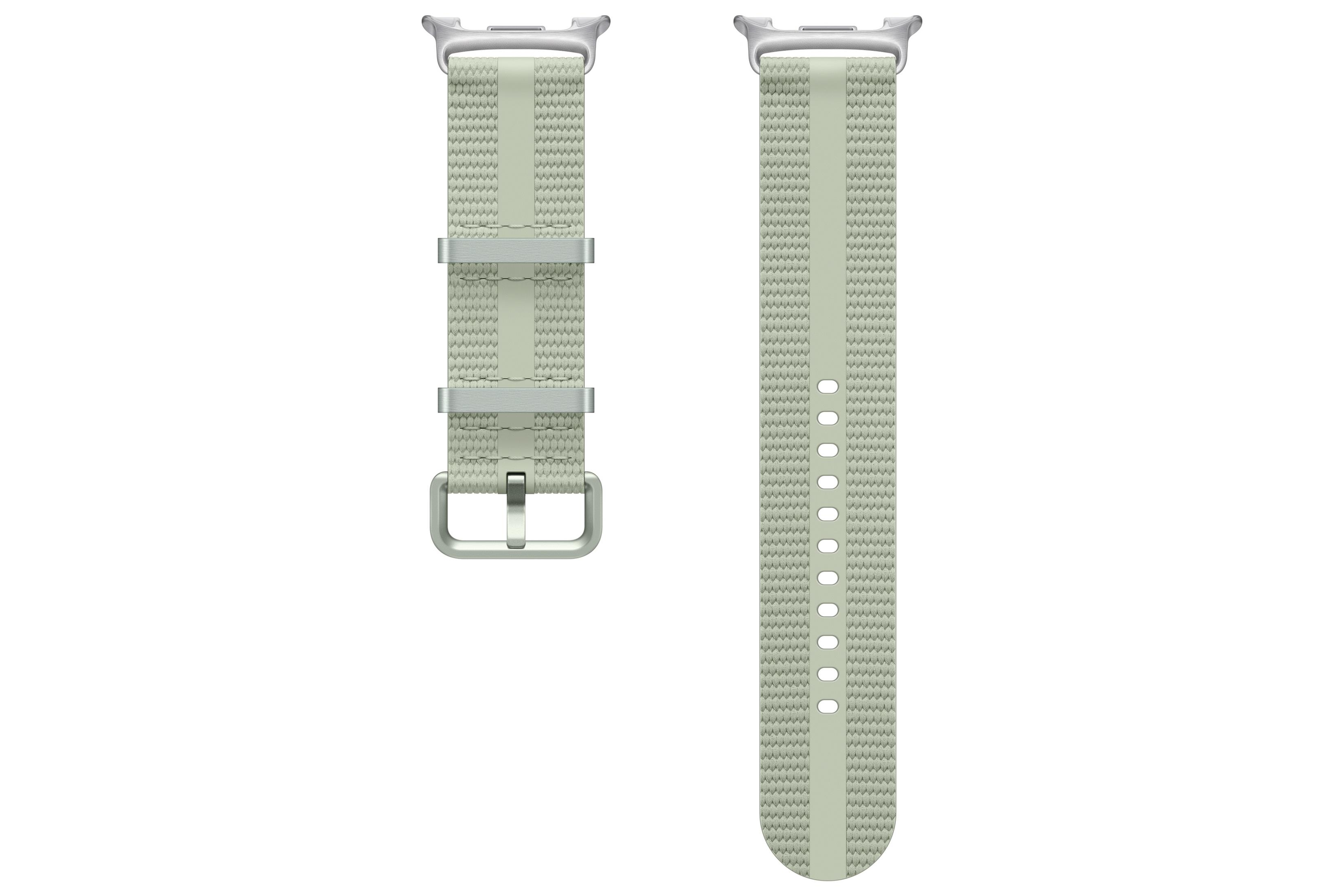 A light green fabric watch band with a metal buckle, shown separately.