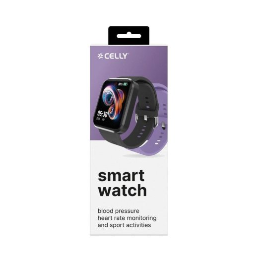 Caja de reloj inteligente Celly con reloj negro y morado, mostrando hora y estadísticas.