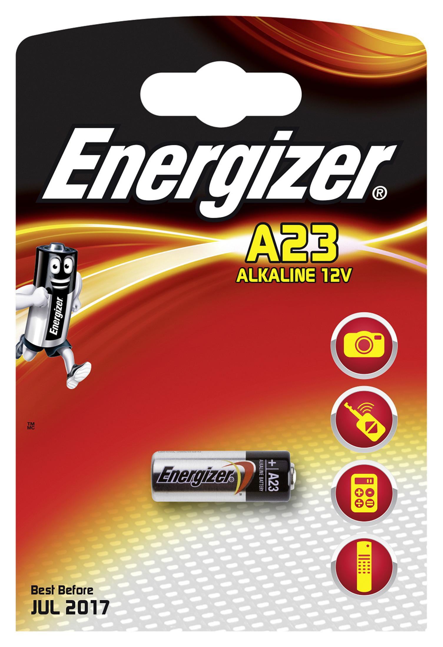 Confezione di batterie alcaline Energizer A23 12V con personaggio di batteria in corsa e icone.