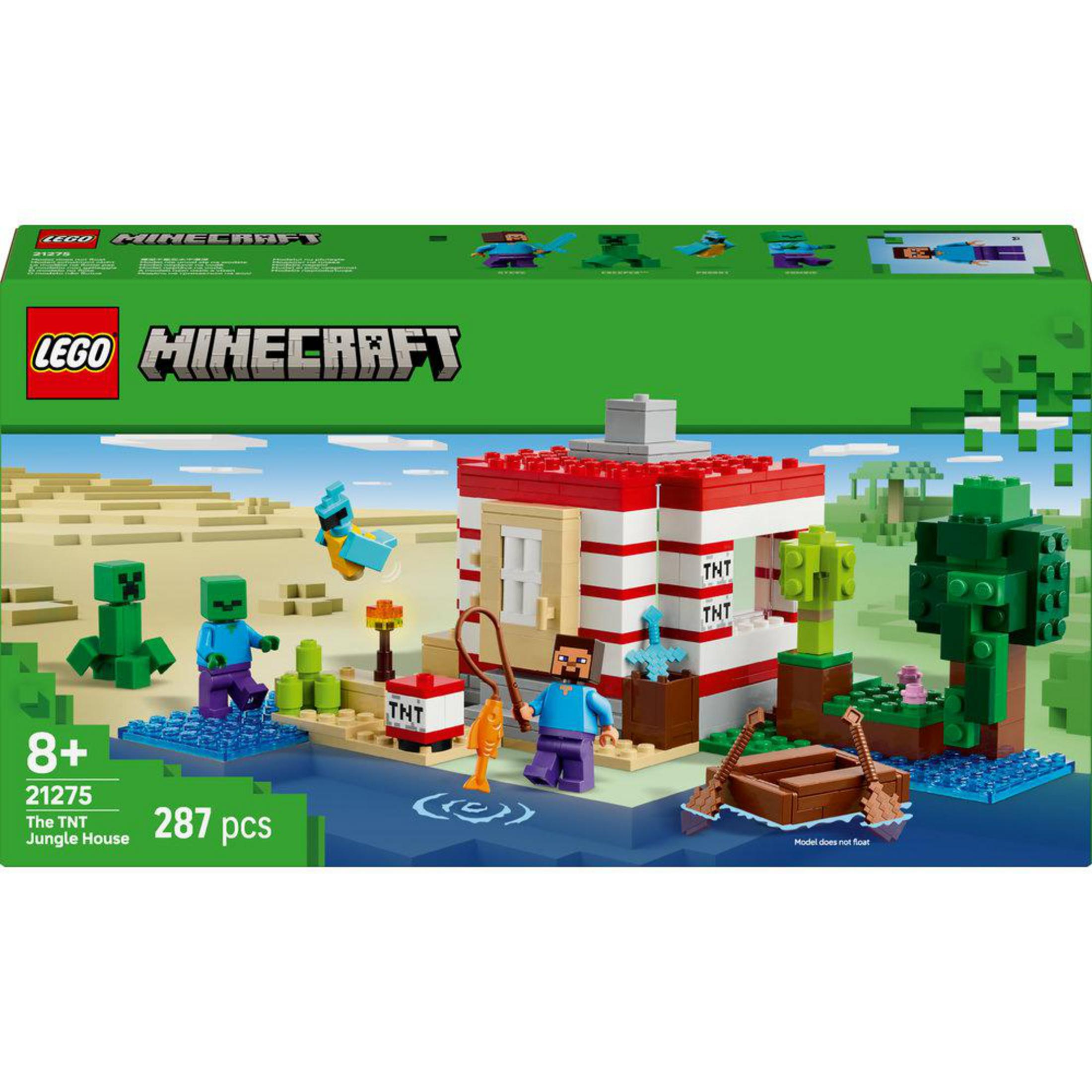Zestaw LEGO Minecraft Dom w Dżungli TNT ze Stevem, Creeperem, Zombie i łodzią wędkarską.