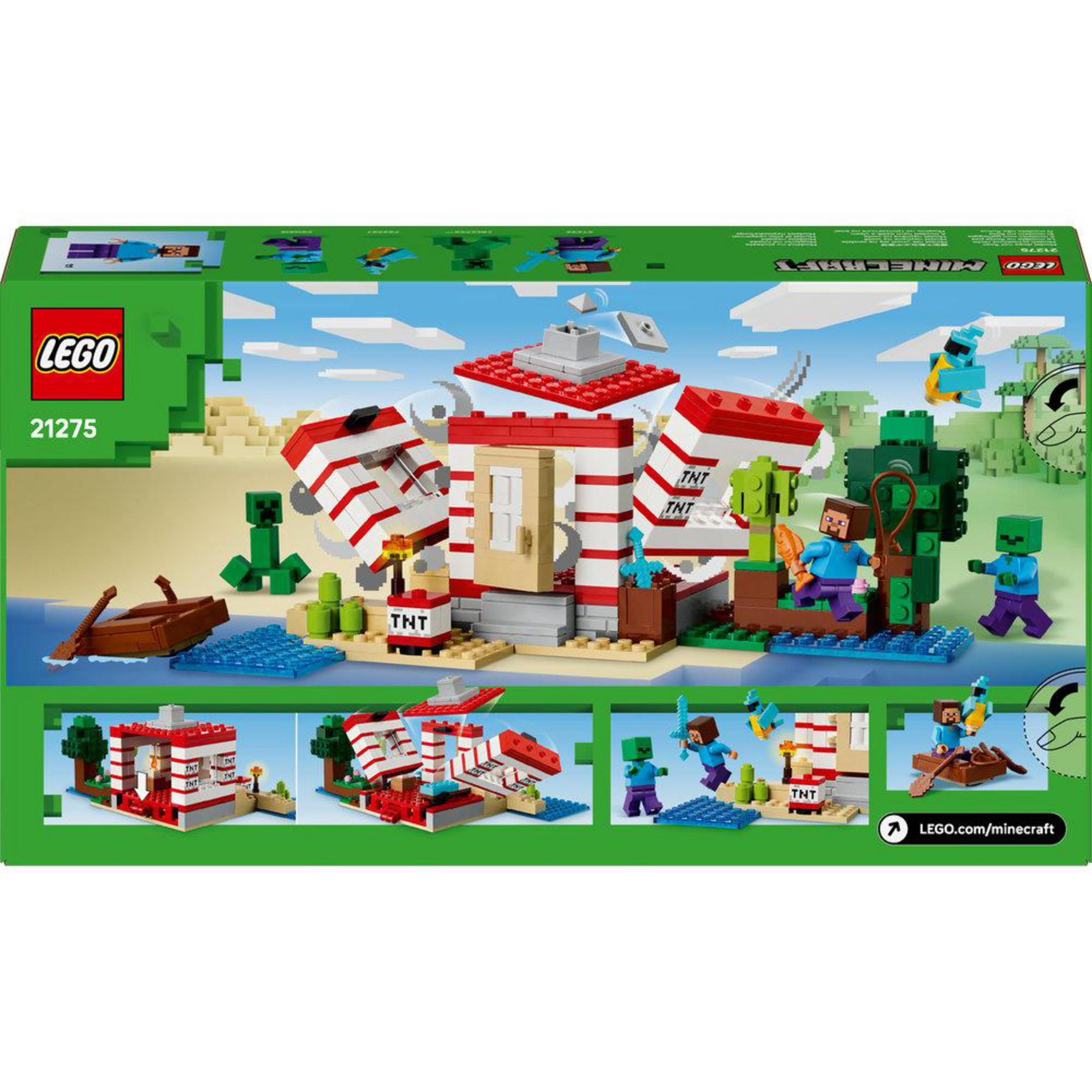 Zestaw LEGO Minecraft z TNT, postaciami, łodzią i strukturami na piaszczystym terenie.