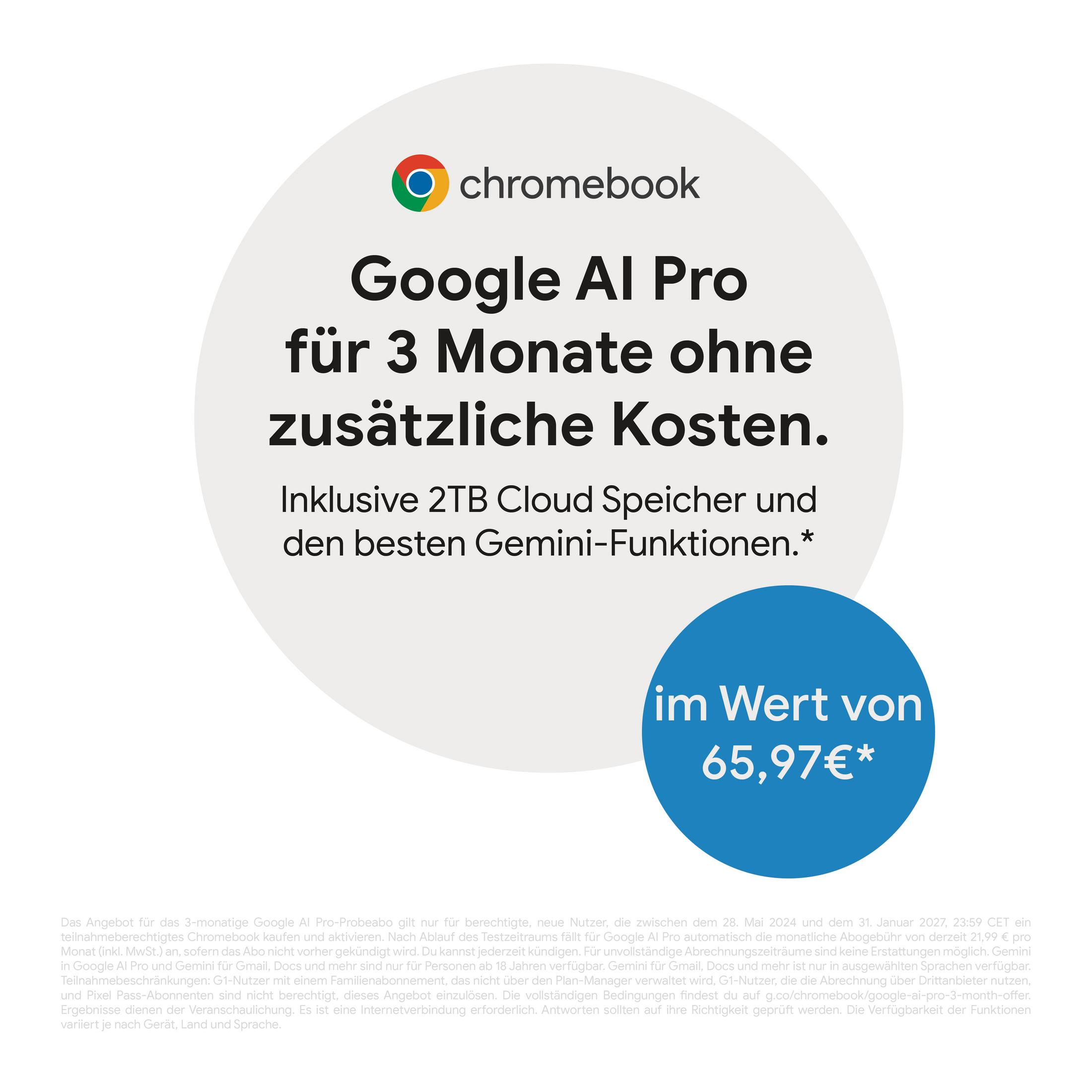 Chromebook mit Google AI Pro 3 Monate kostenlos. Enthält 2TB Cloud Speicher.