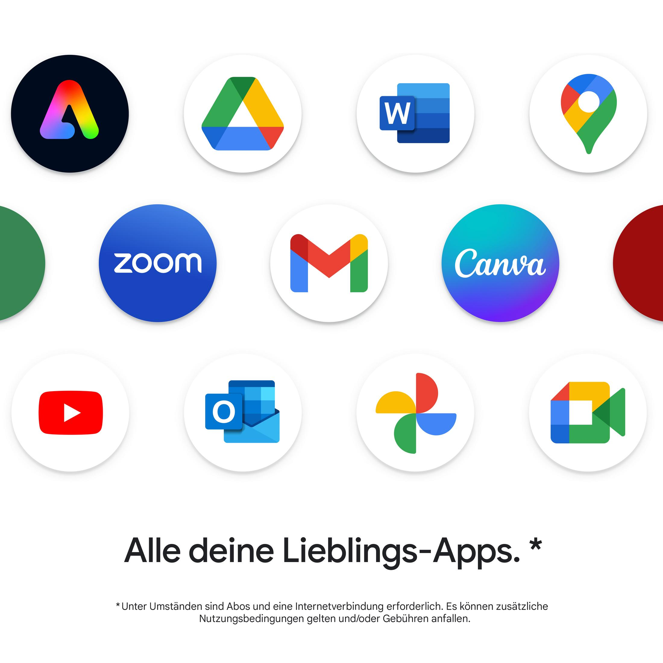 Icons von Apps wie Zoom, Canva, Google Drive, Microsoft Word und mehr.
