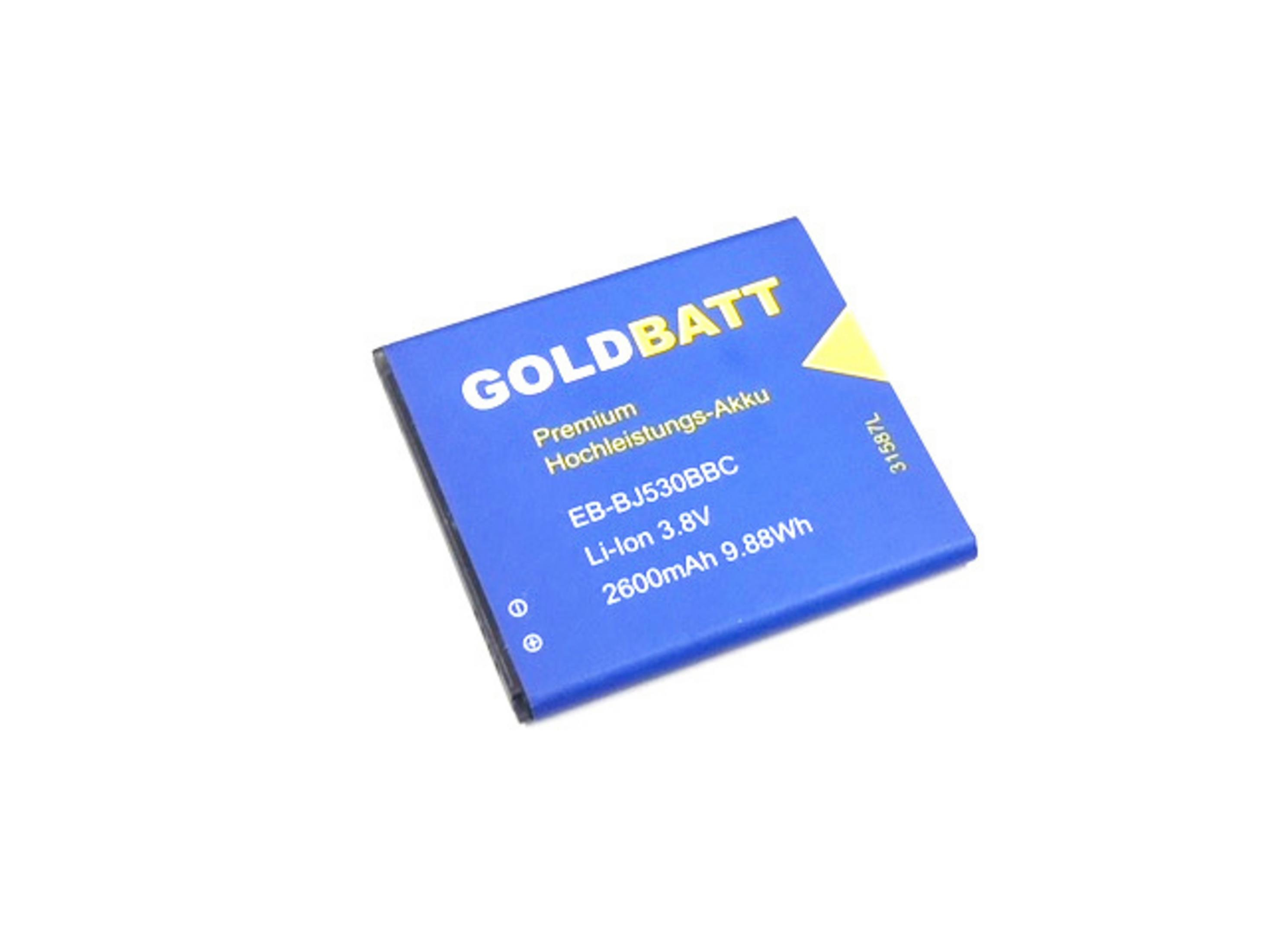 Blaue Akku mit "GOLDBATT" und technischen Daten.