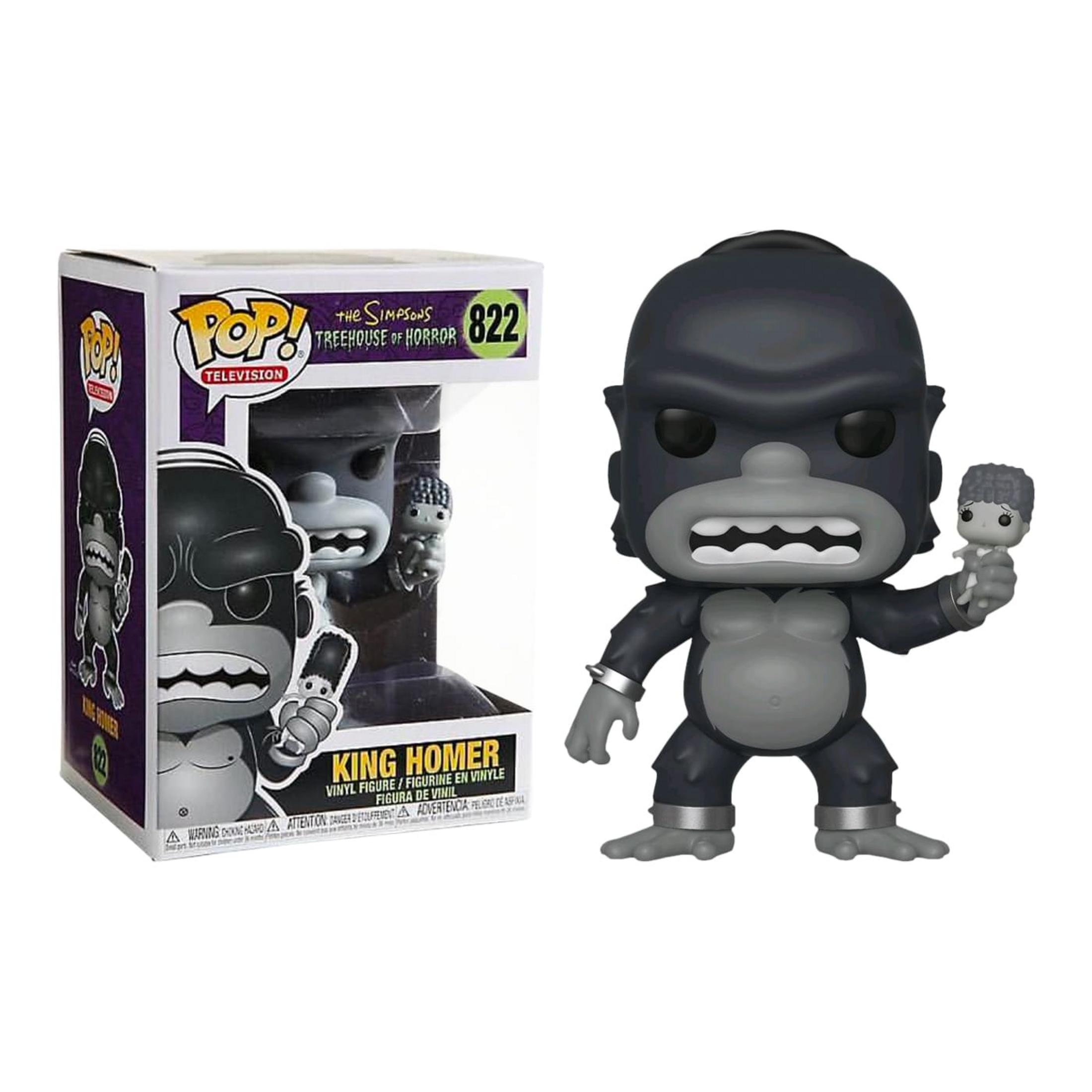 Ein grauer King Homer Funko Pop! mit einem kleinen grauen Baby in der Hand, neben seiner Verpackung.