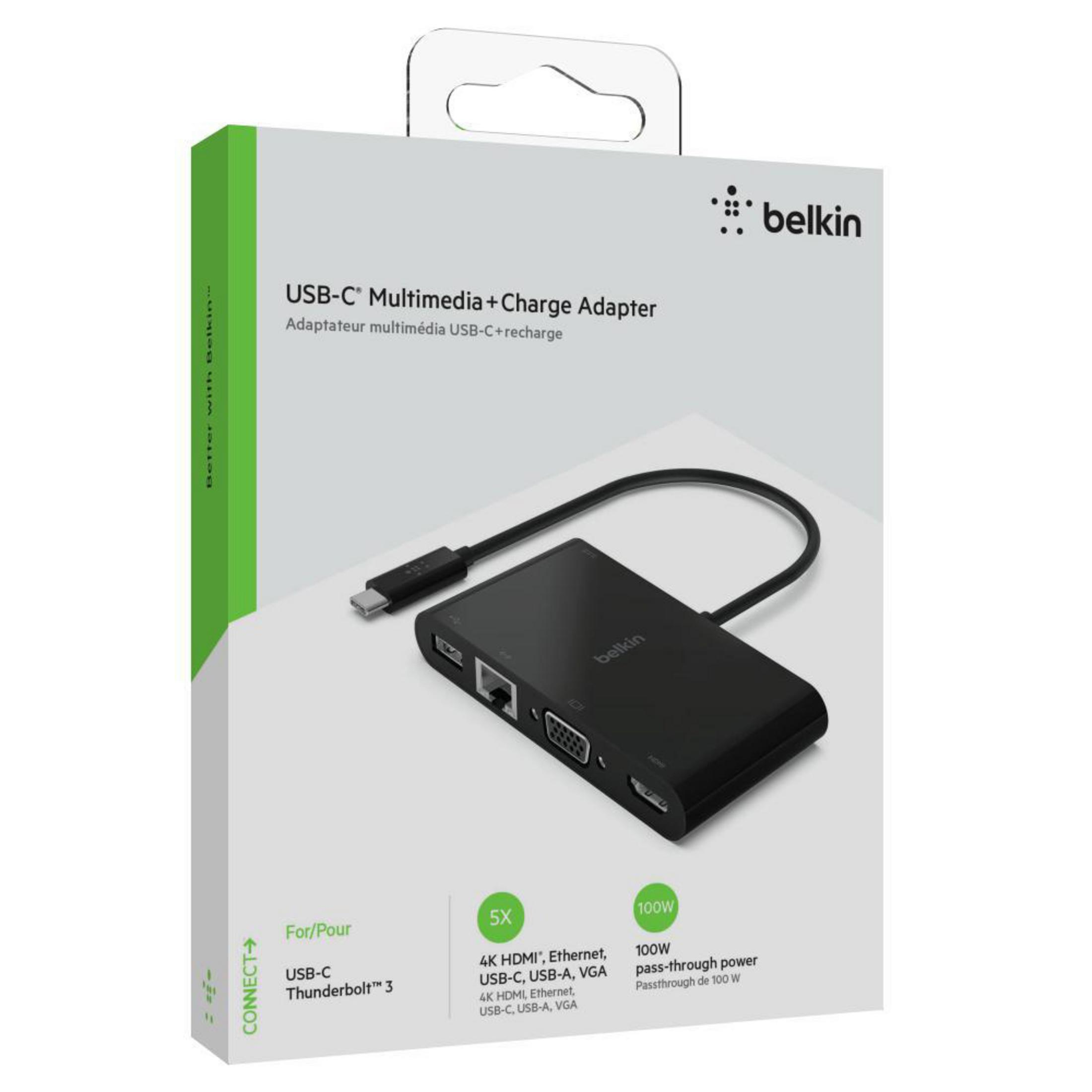 Adattatore multimediale Belkin USB-C nero con cavo e porte per HDMI, Ethernet, USB-A, VGA.