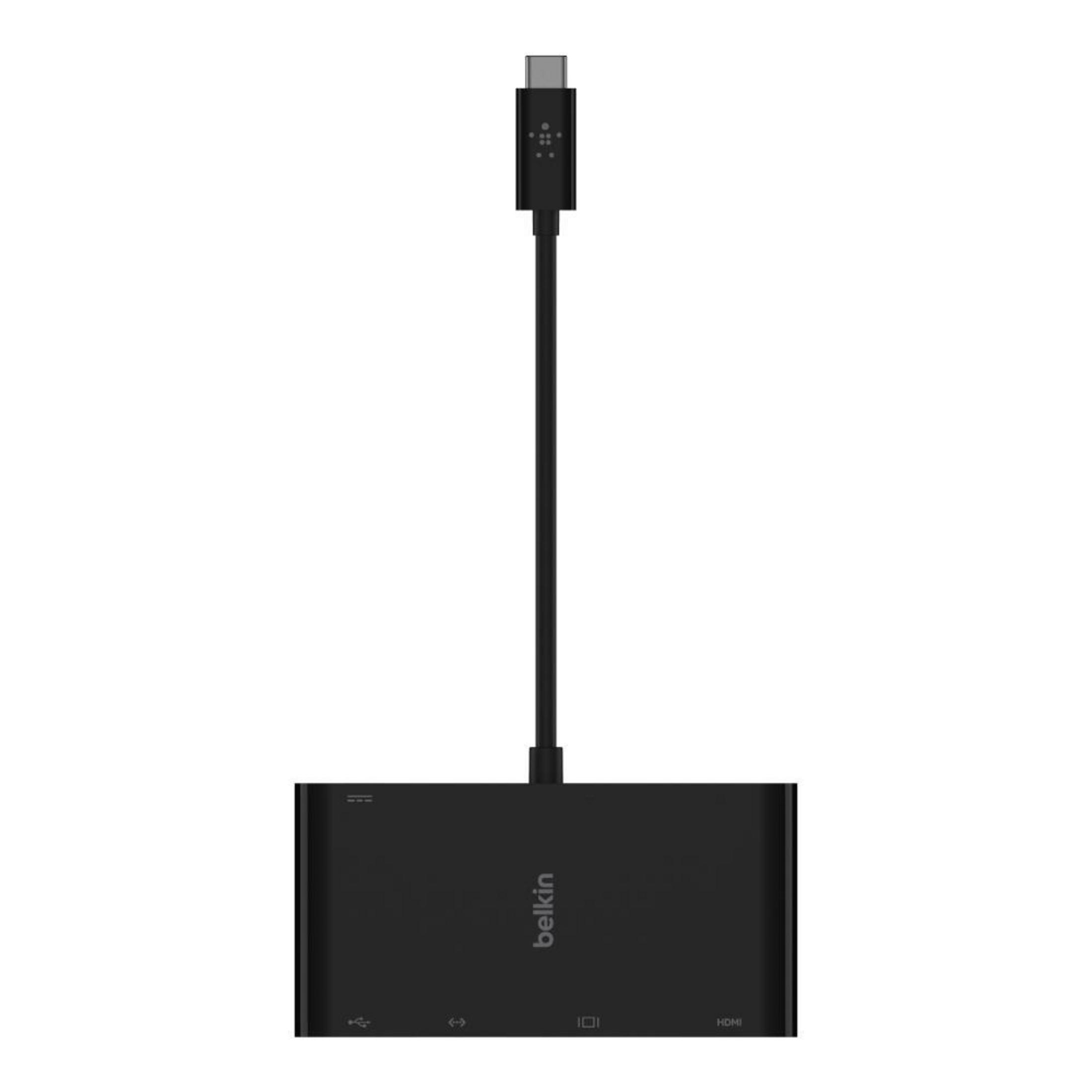 Hub USB-C Belkin nero con porte HDMI e USB.