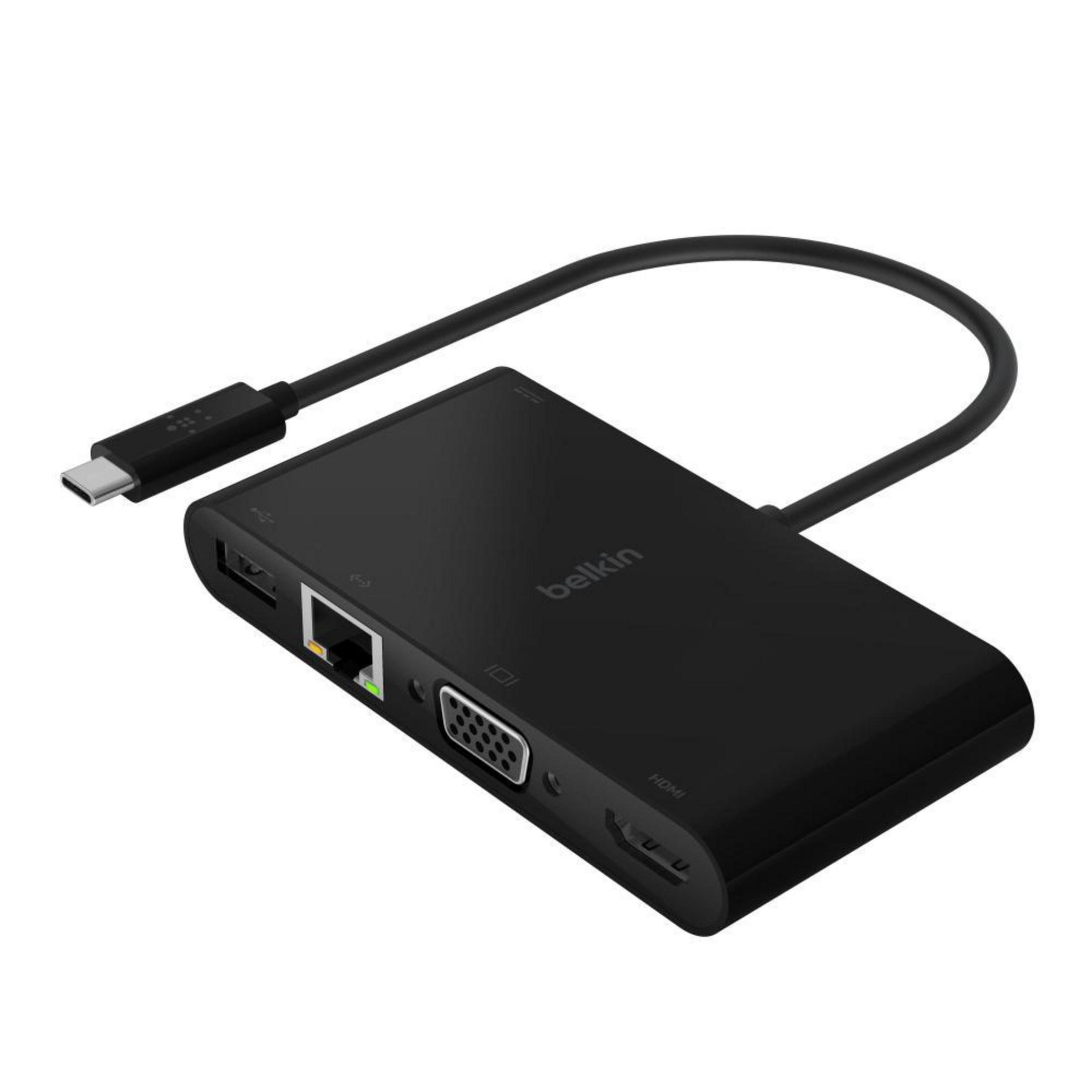 Hub Belkin USB-C nero con porte HDMI, VGA, Ethernet e USB.