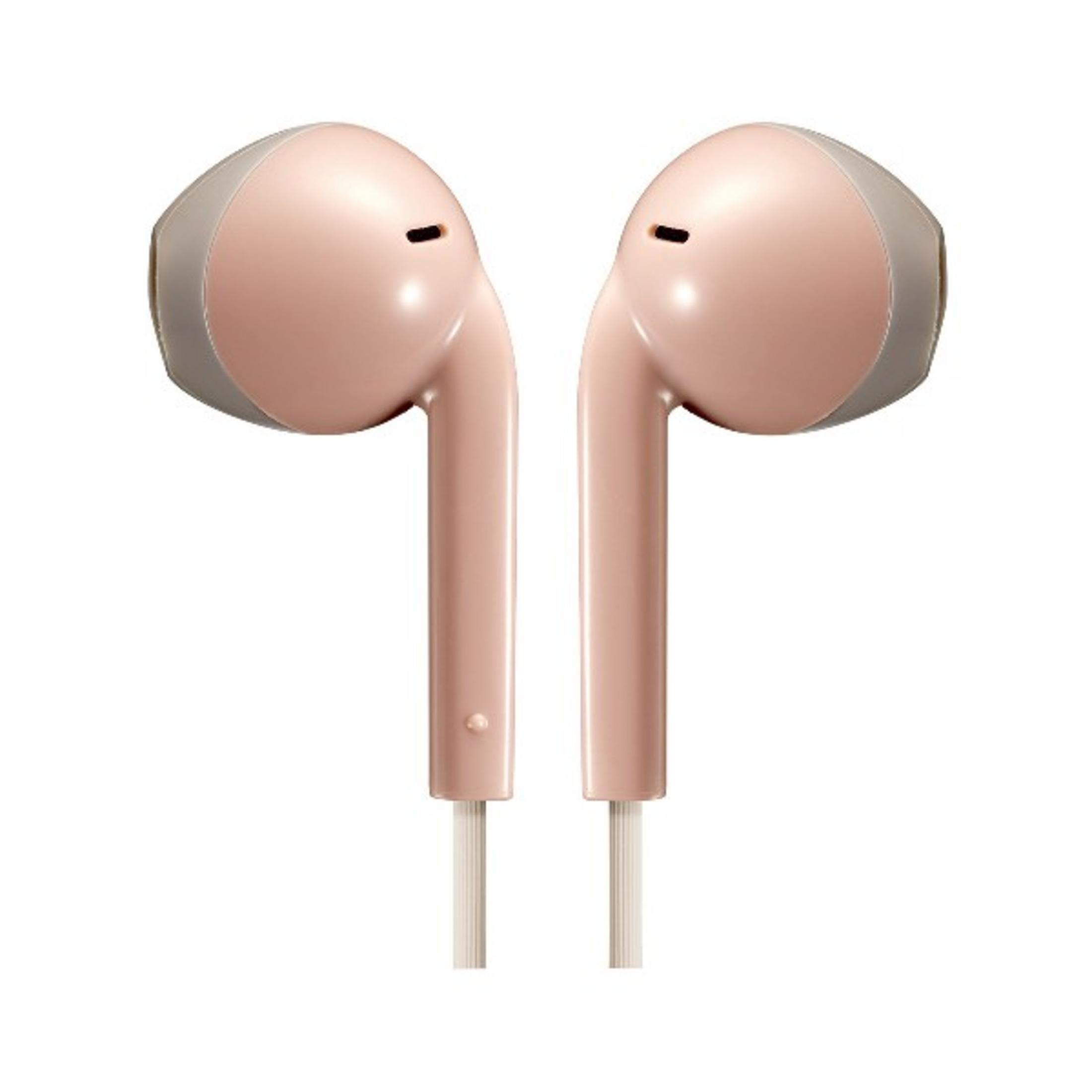 Due auricolari rosa con cavi bianchi, primo piano.