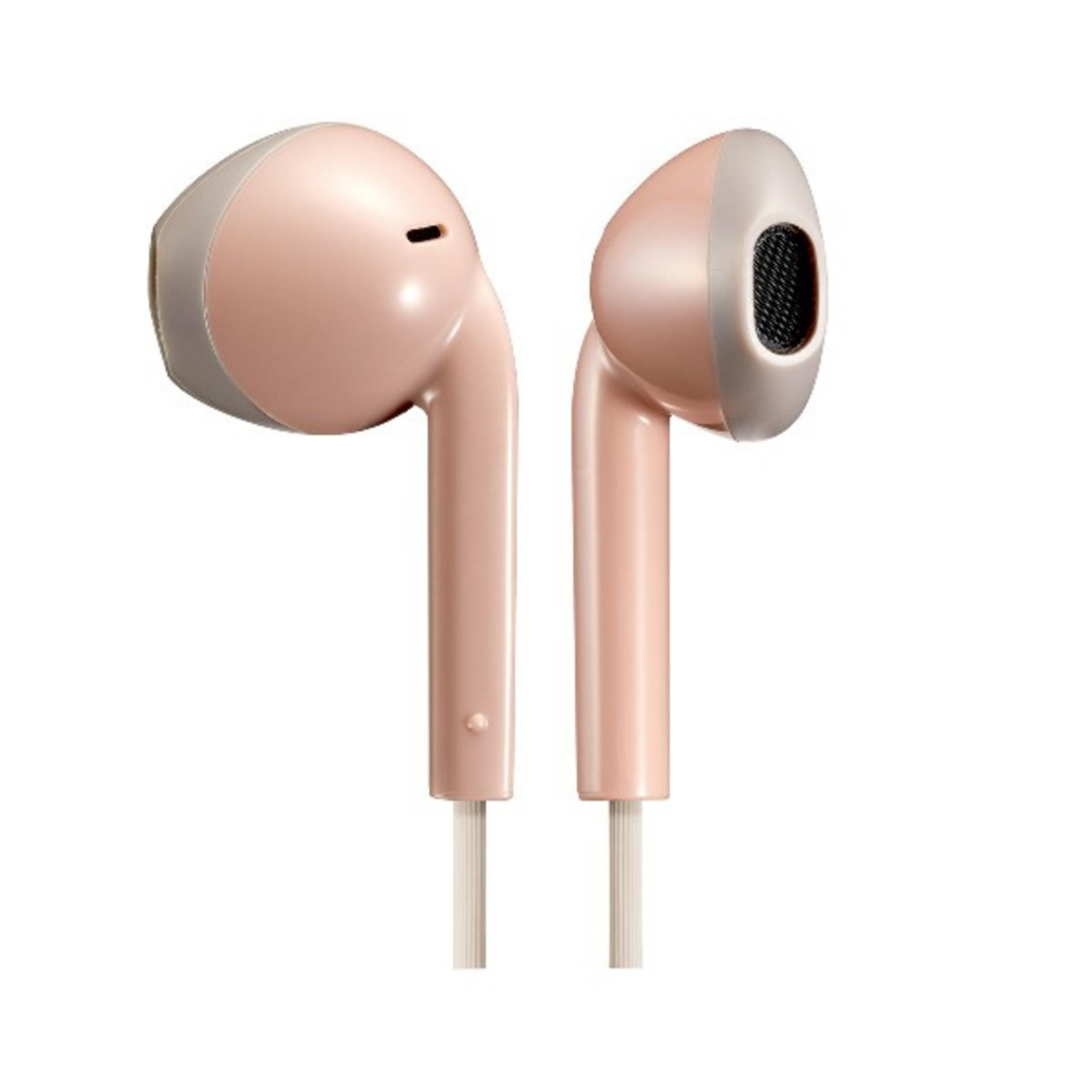 Due auricolari rosa con accenti argentati su sfondo bianco.