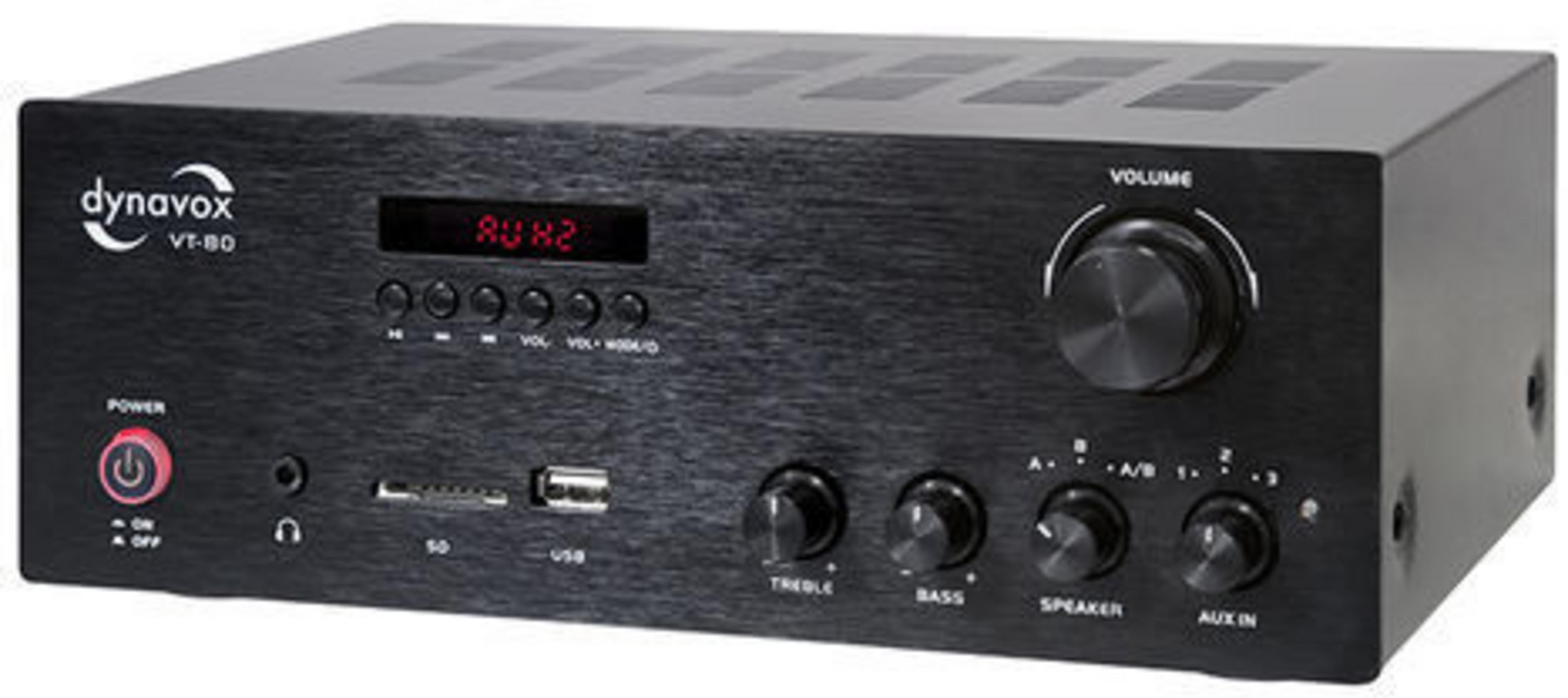 Schwarzer Dynavox VT-80 Verstärker mit Knöpfen für Lautstärke, Bass und Höhen.