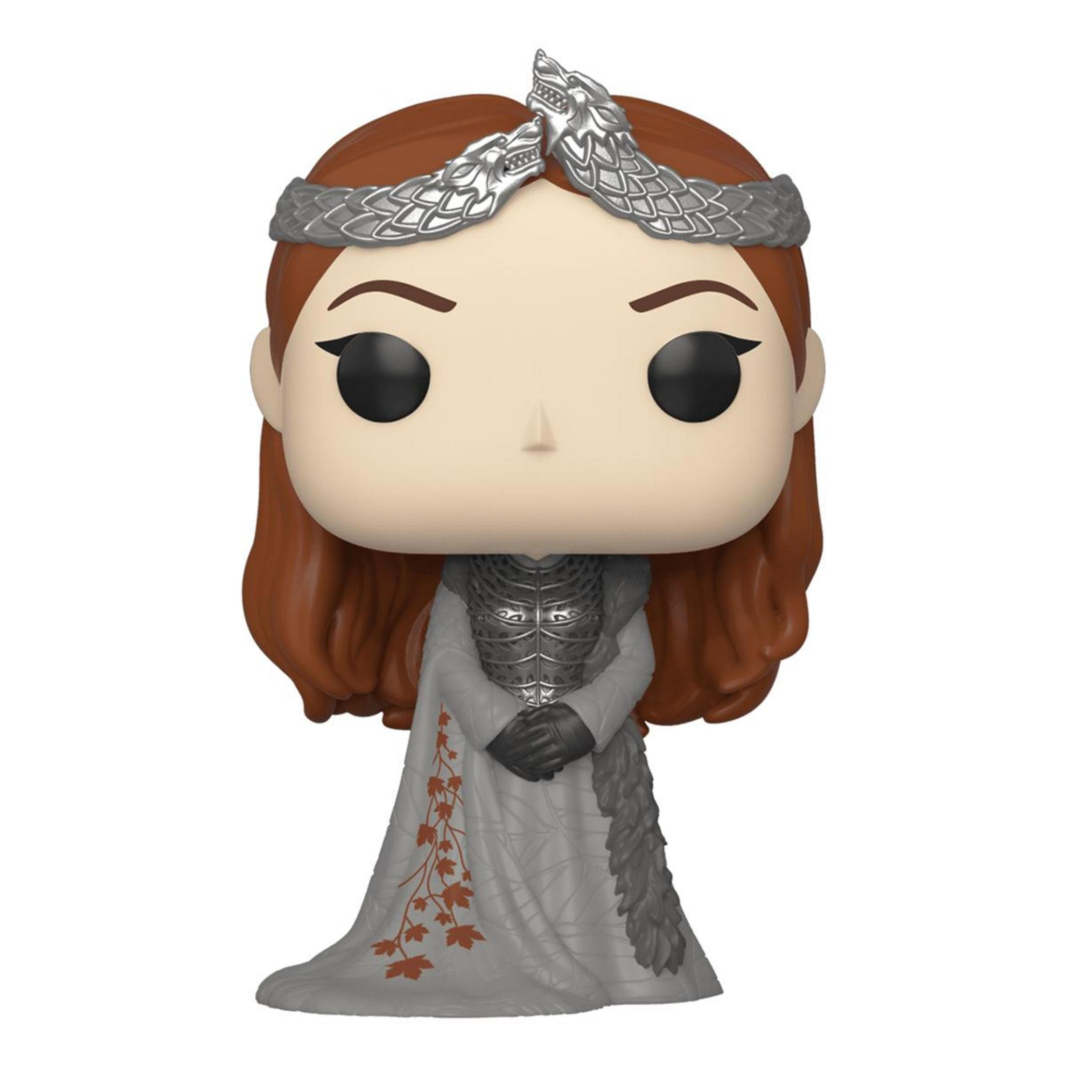 Figur mit rotem Haar, silbernem Diadem mit Wolfsköpfen, grauer Rüstung und weißem Kleid.