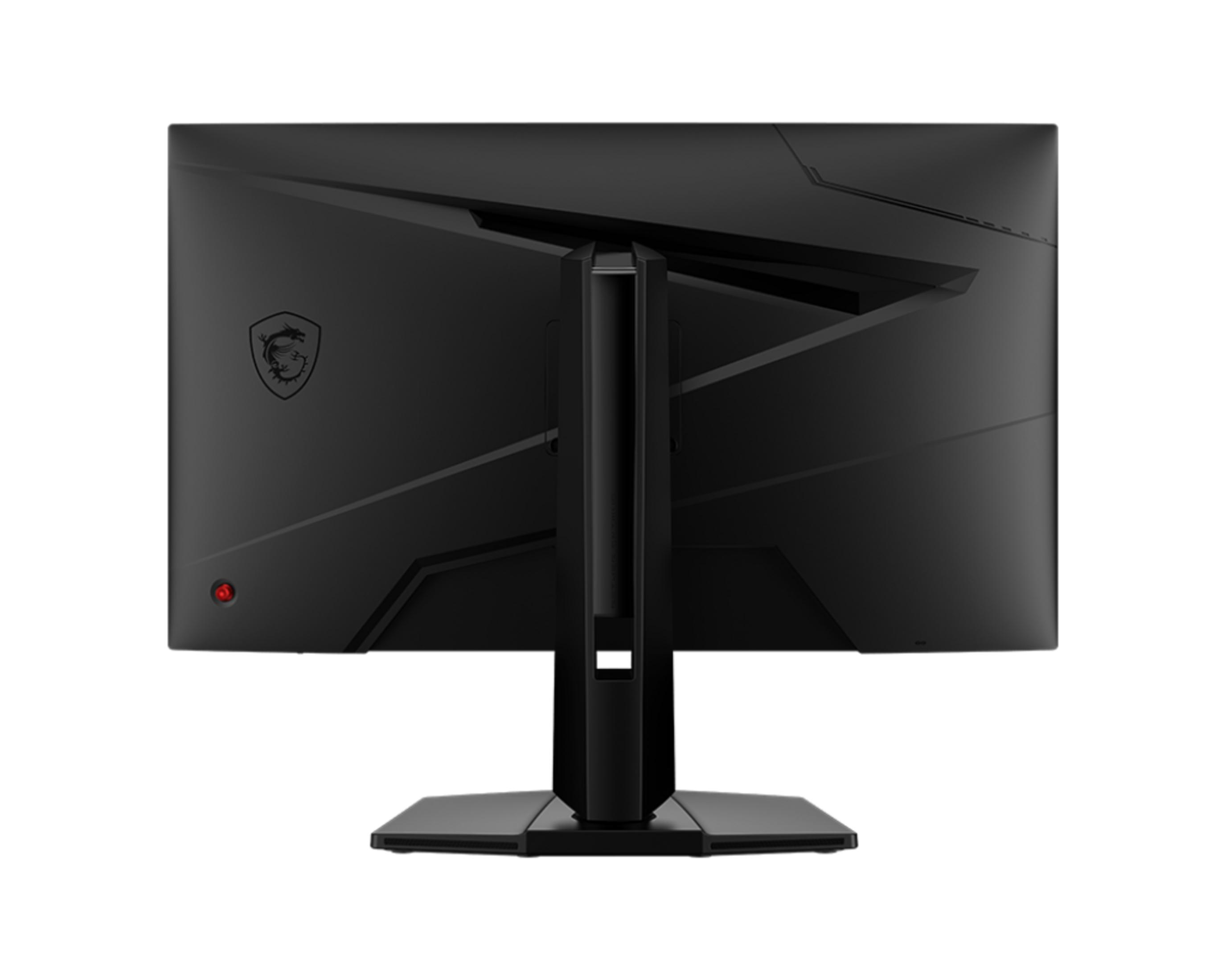 Retro di un monitor nero con logo MSI e accento rosso.