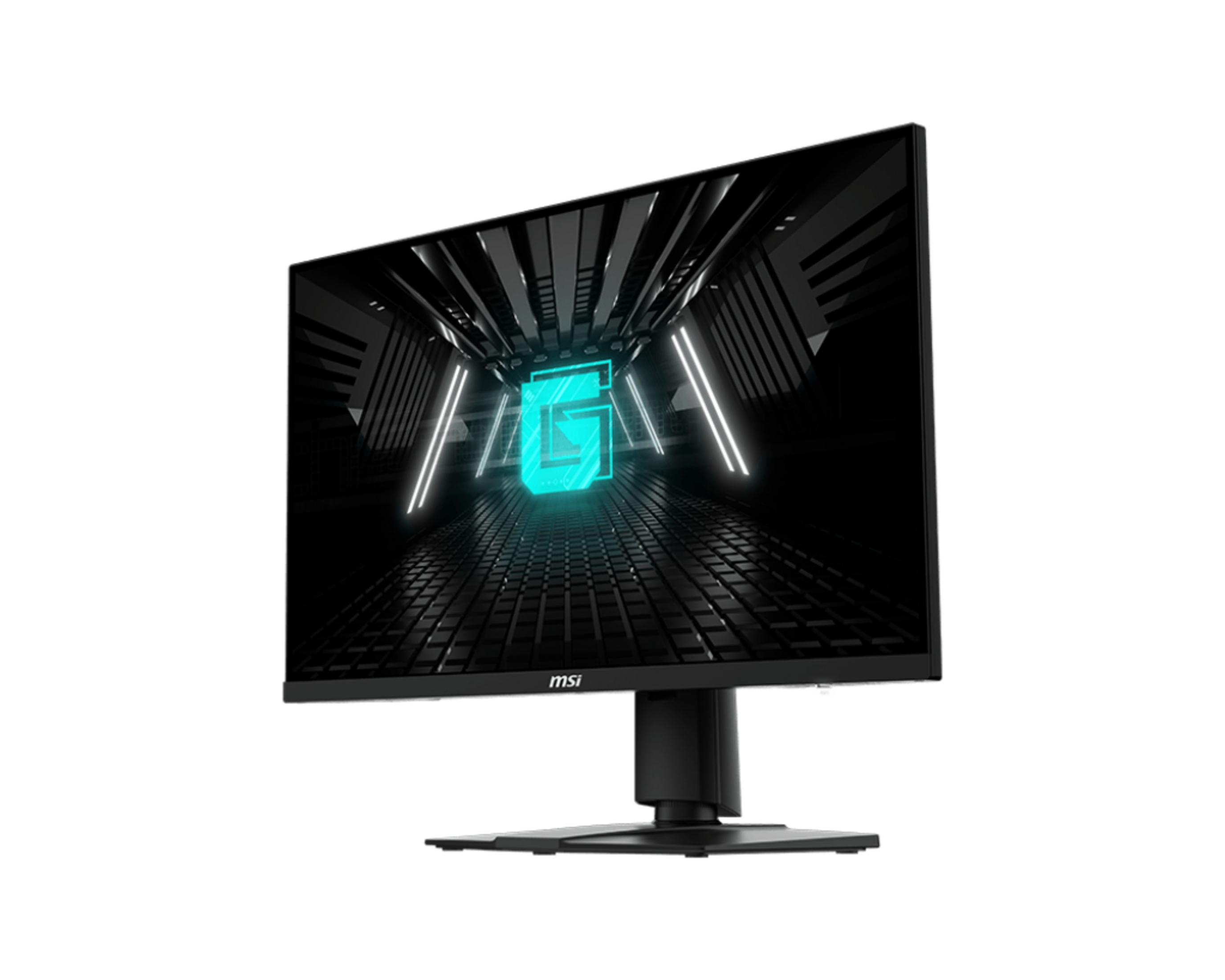Un monitor MSI nero mostra un logo blu sullo schermo.