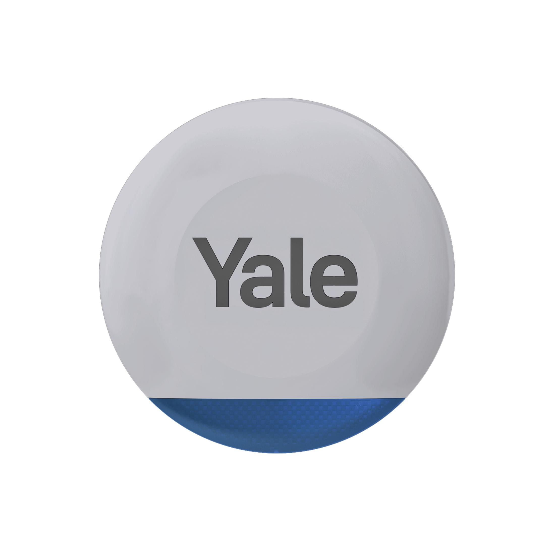 Oggetto bianco rotondo con logo Yale grigio e sezione inferiore blu.