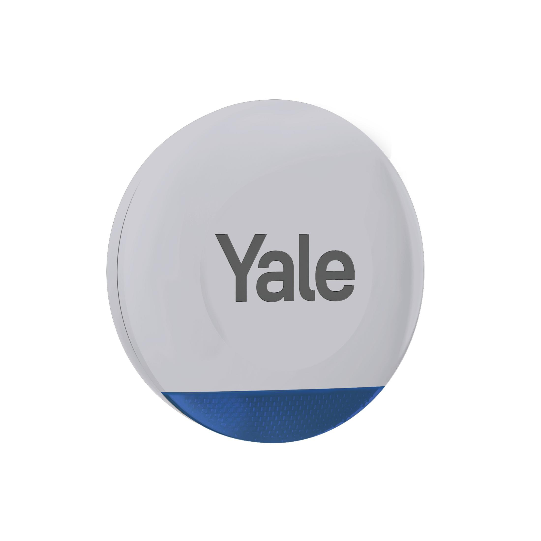 Un sensore circolare bianco Yale con accento blu.