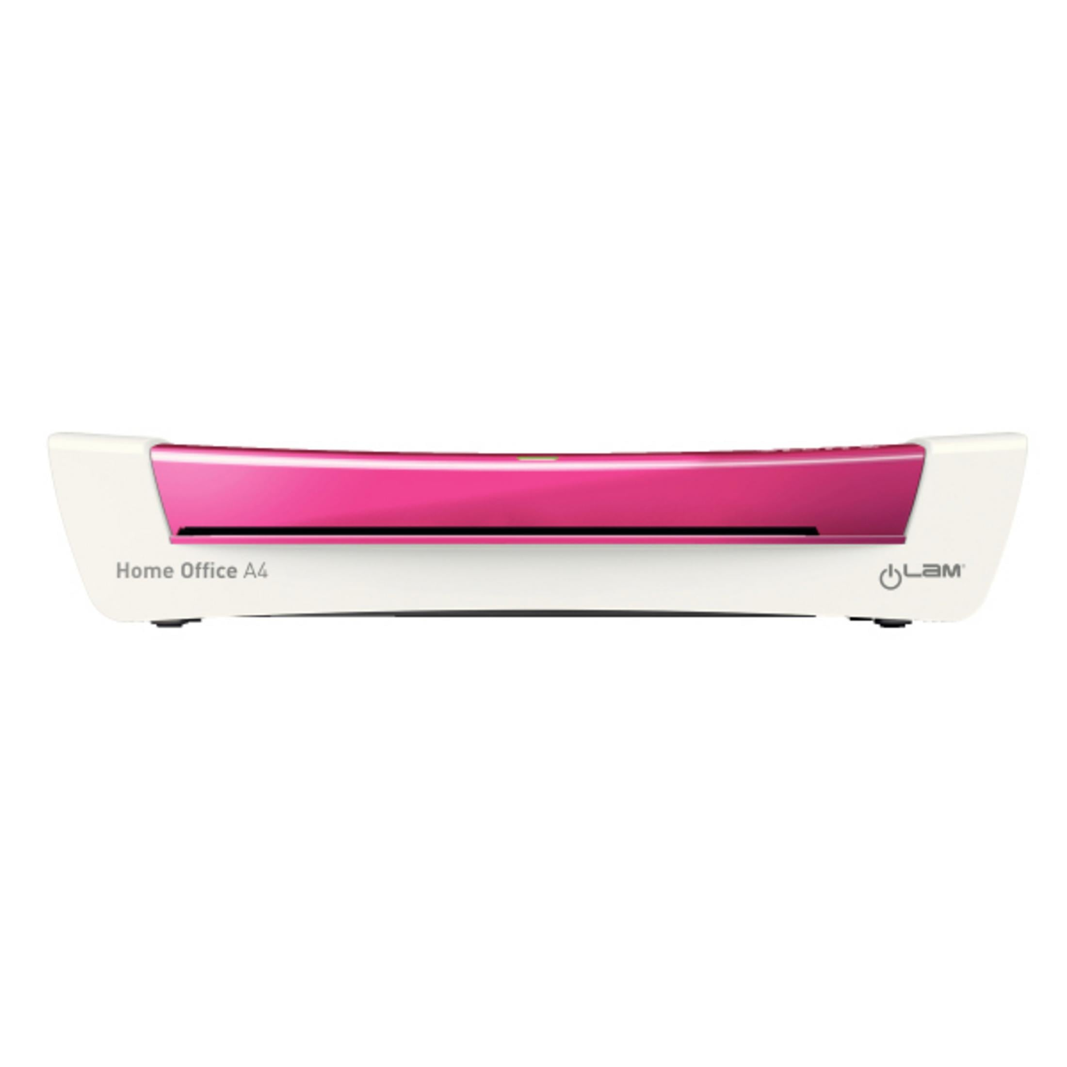 Ein weißer Laminator mit einem glänzenden rosa Streifen und dem Text 'Home Office A4'.