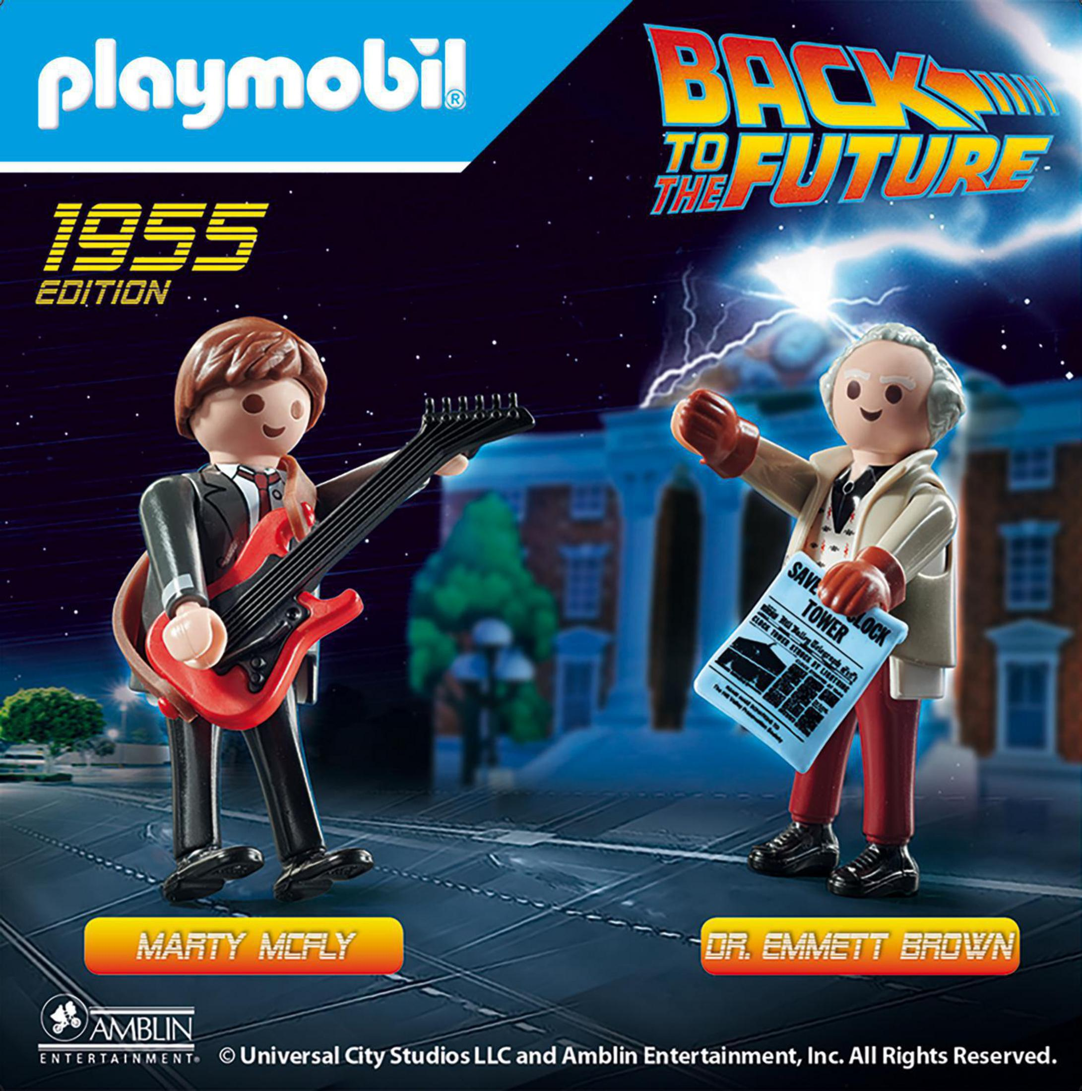 Figure Playmobil di Marty McFly con chitarra e Doc Brown con giornale.